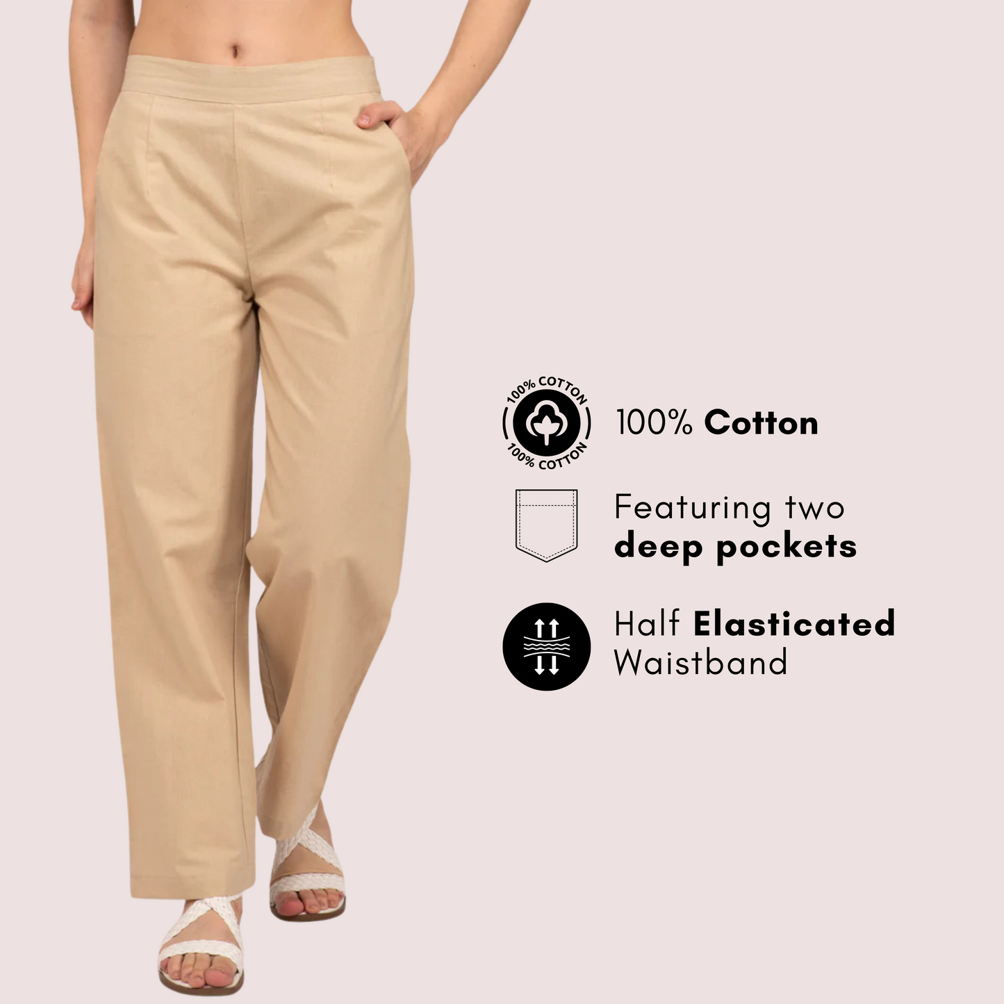 Beige Wide Leg Cotton Pant