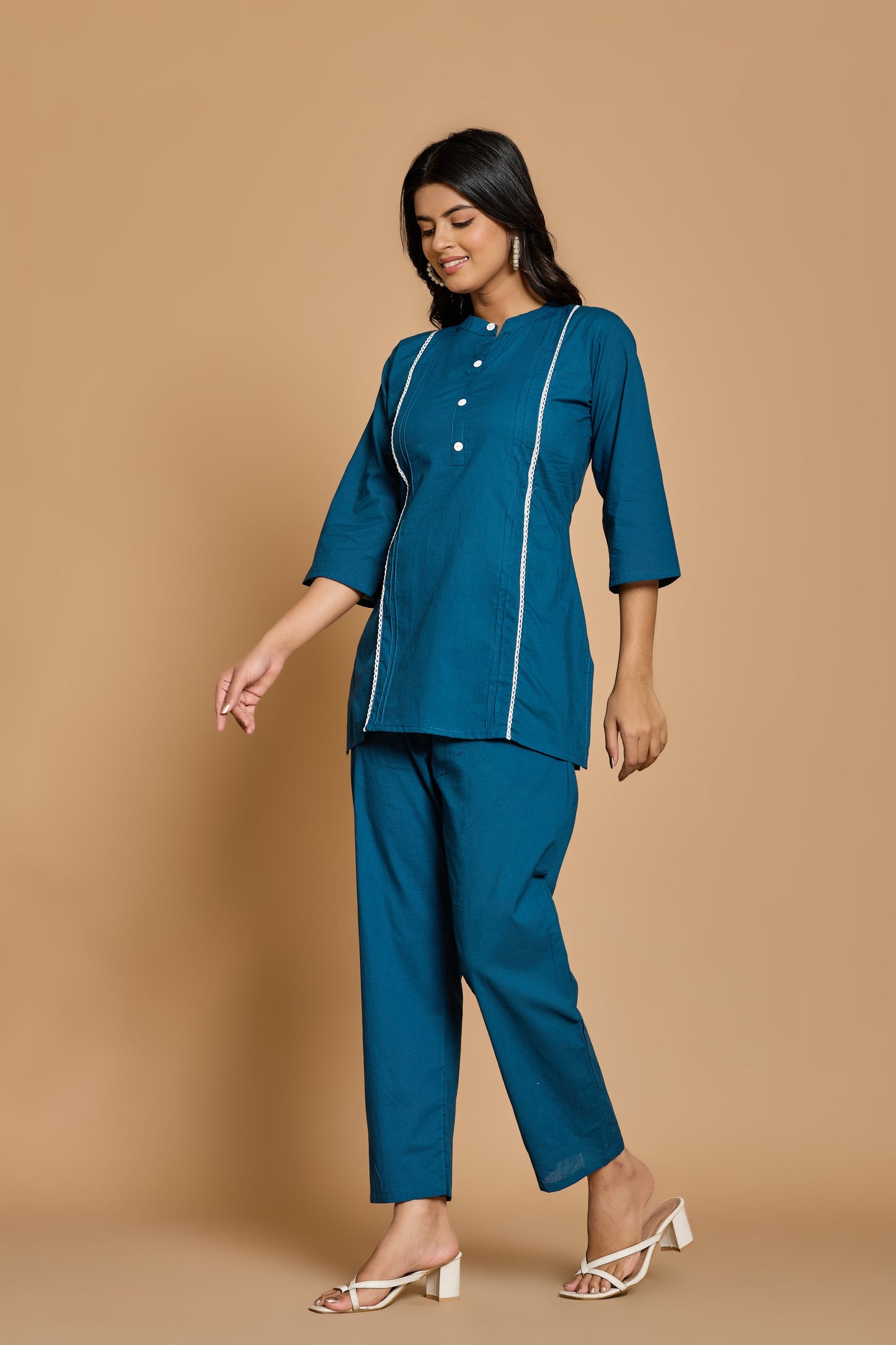 Teal Blue Solid Cotton Co-ord Set