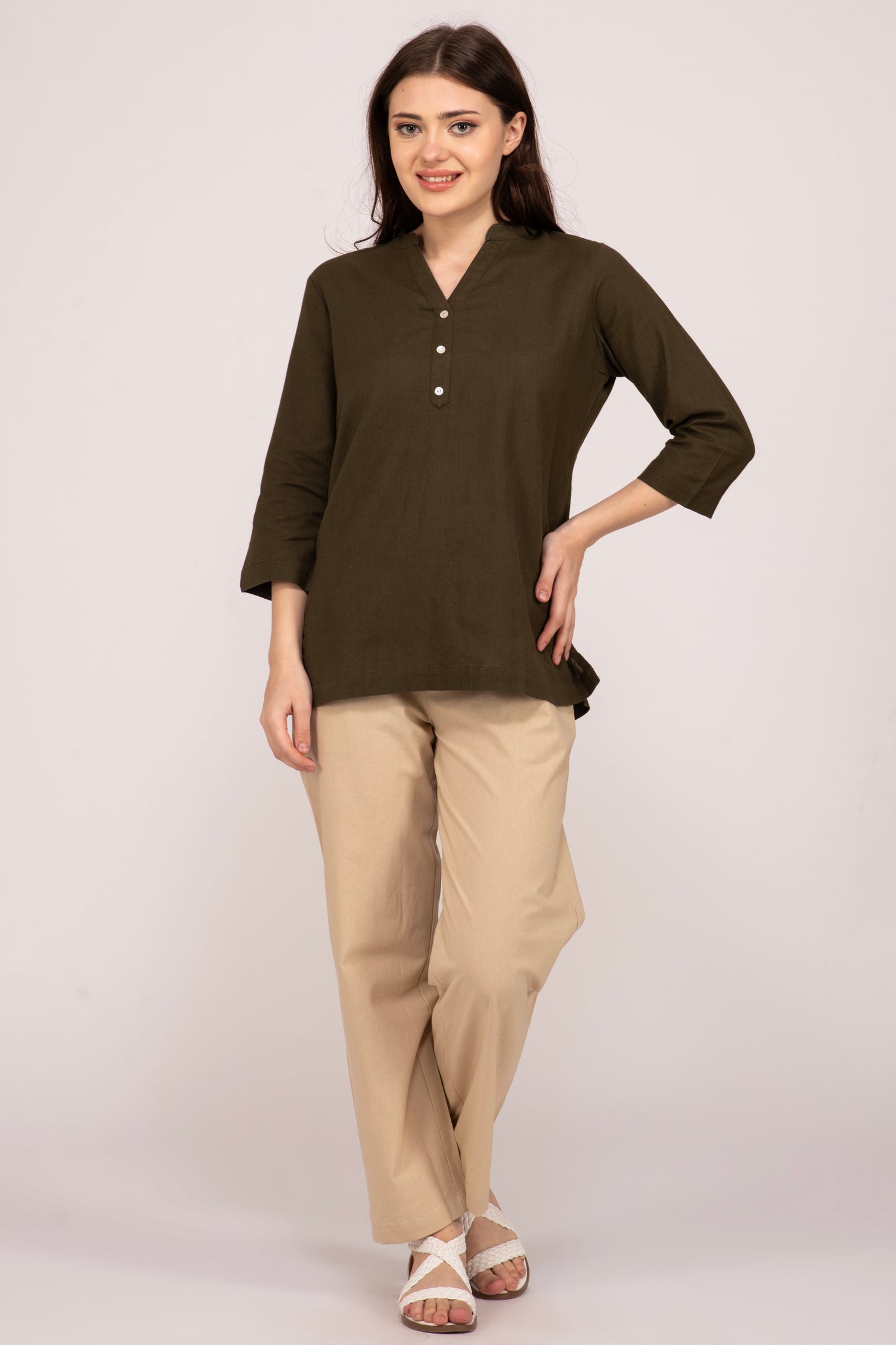 Beige Wide Leg Cotton Pants For Women