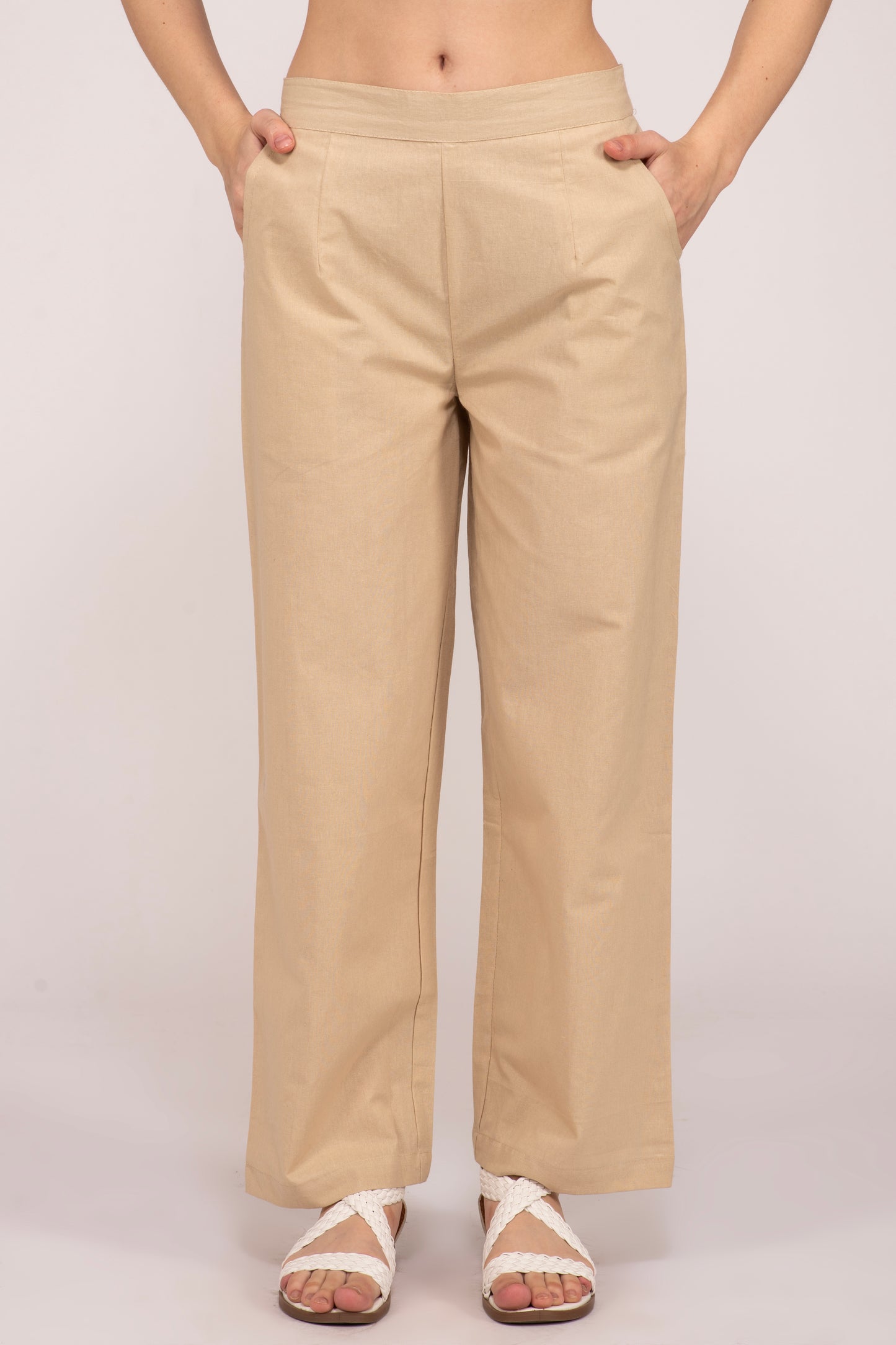 Beige Wide Leg Cotton Pant