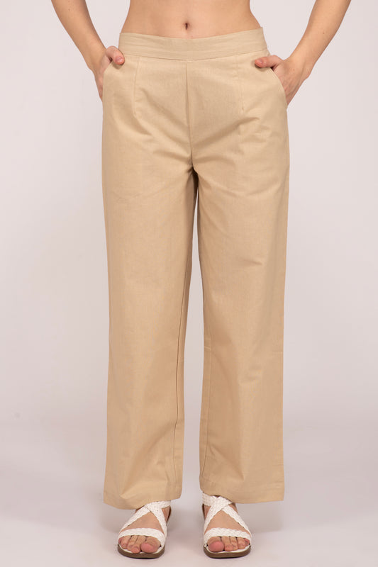 Beige Wide Leg Cotton Pant