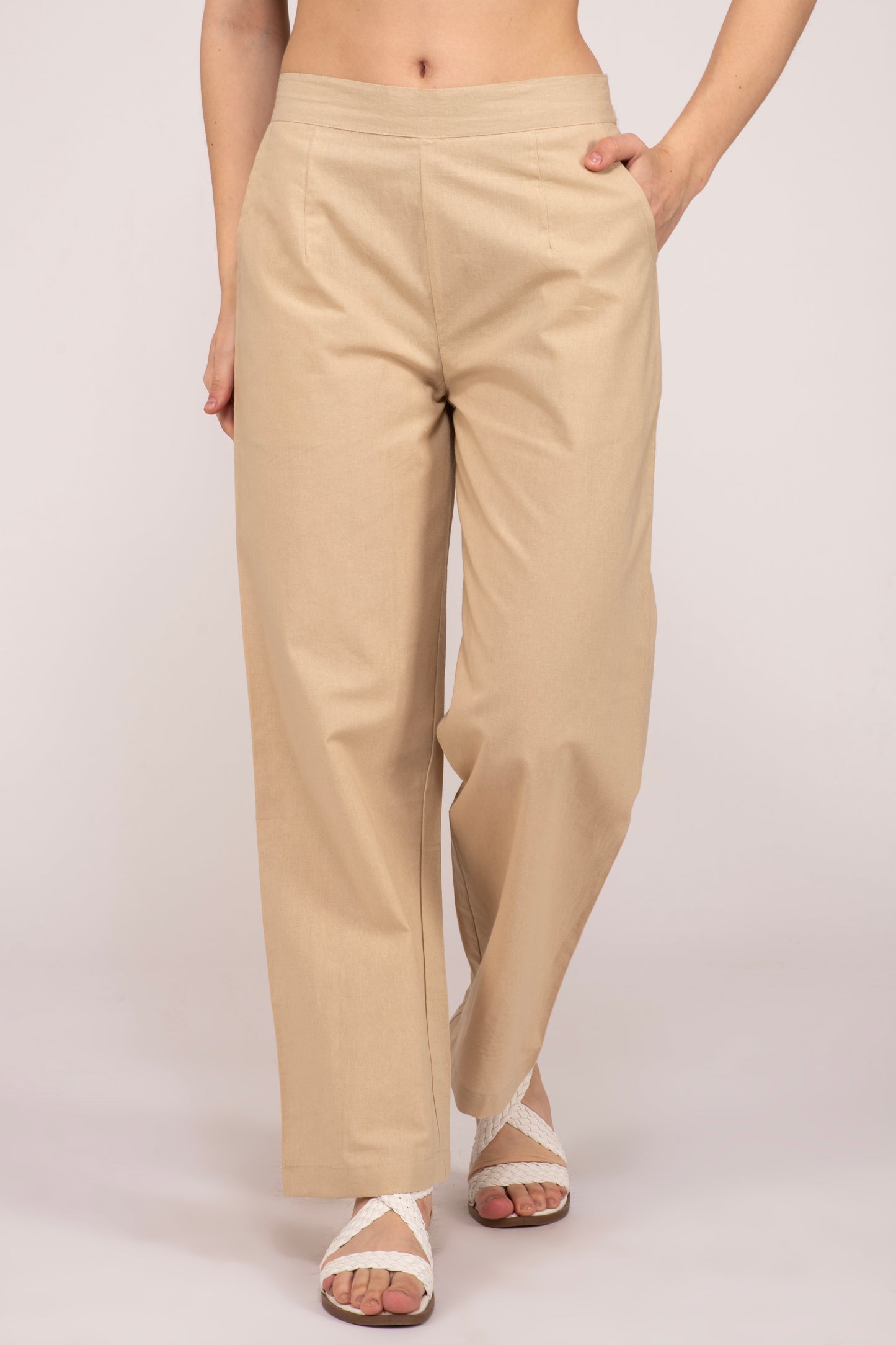Beige Wide Leg Cotton Pant