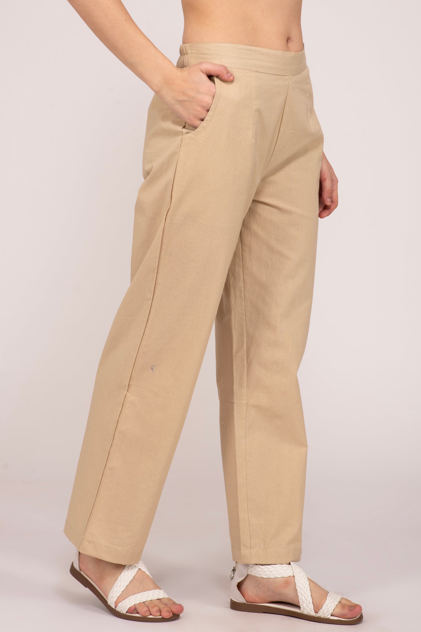 Beige Wide Leg Cotton Pant