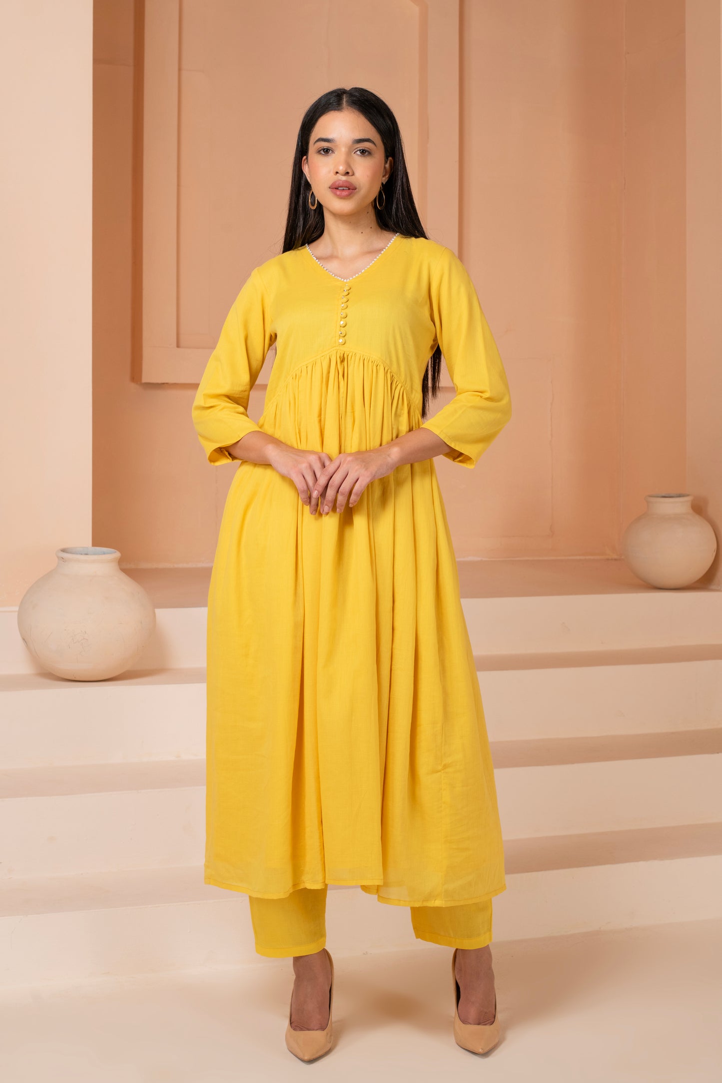 Yellow Handpainted Cotton suit Set