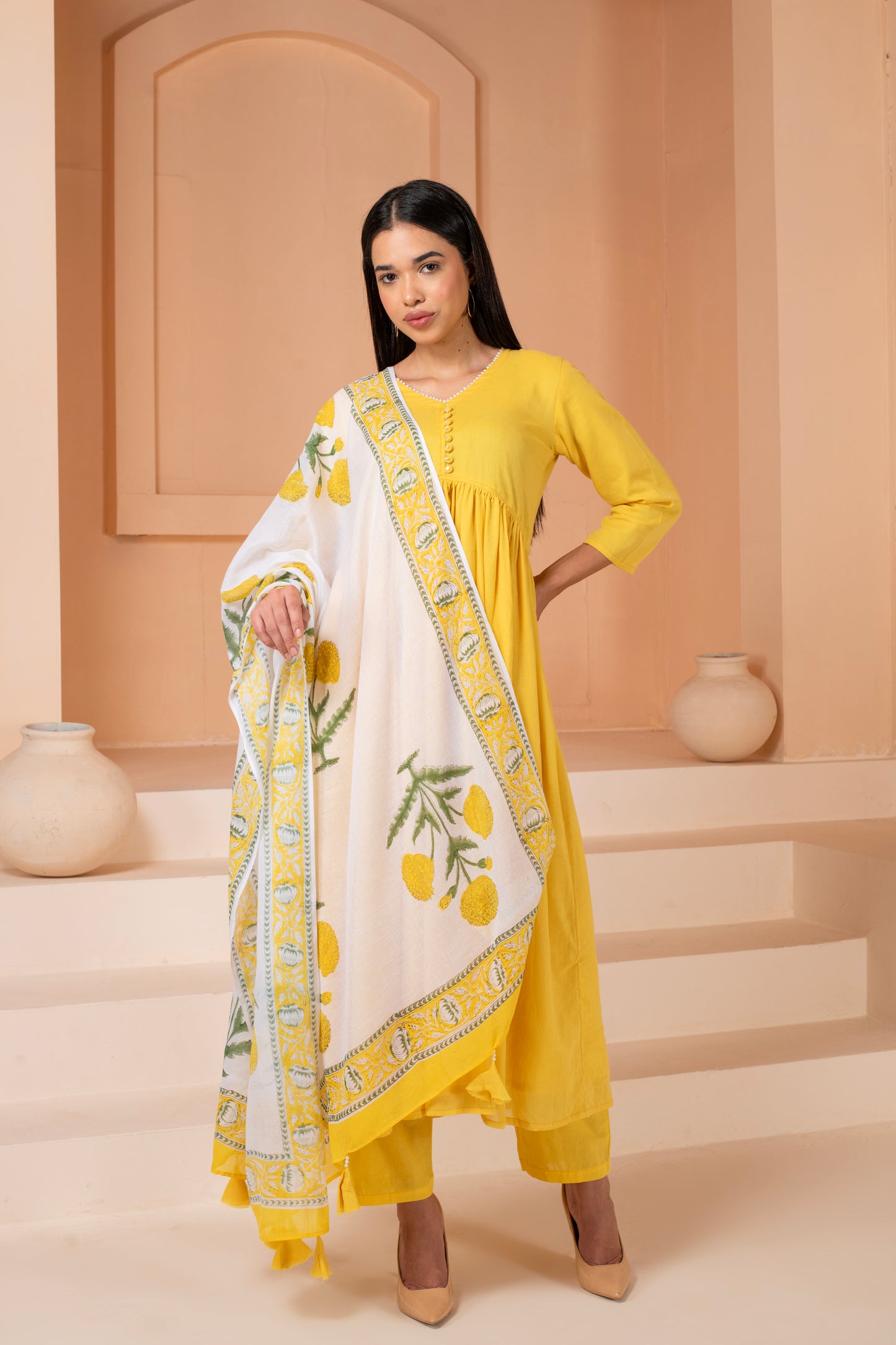Yellow Handpainted Cotton suit Set