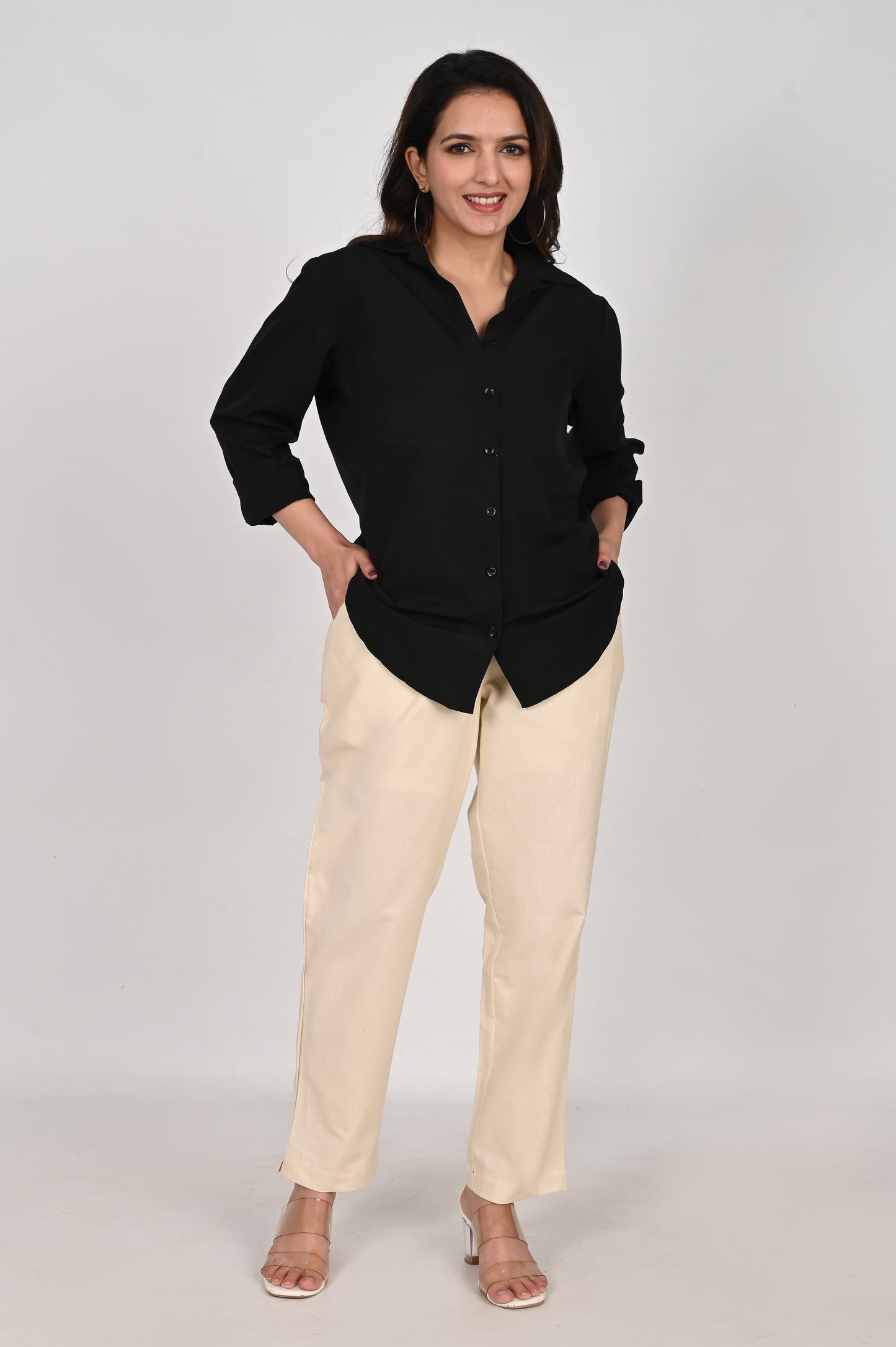 Beige Color Cotton Pants for Women.
