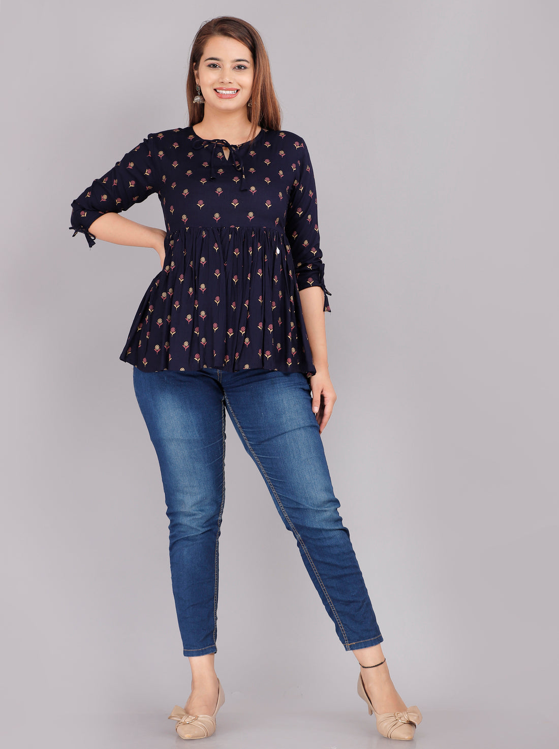 Navy Blue Floral Design Everyday Short Kurta