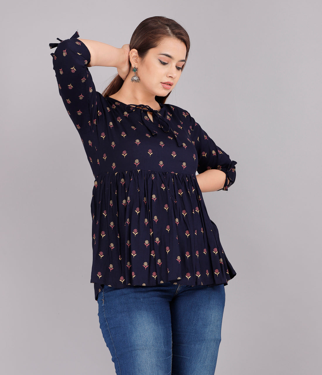 Navy Blue Floral Design Everyday Short Kurta