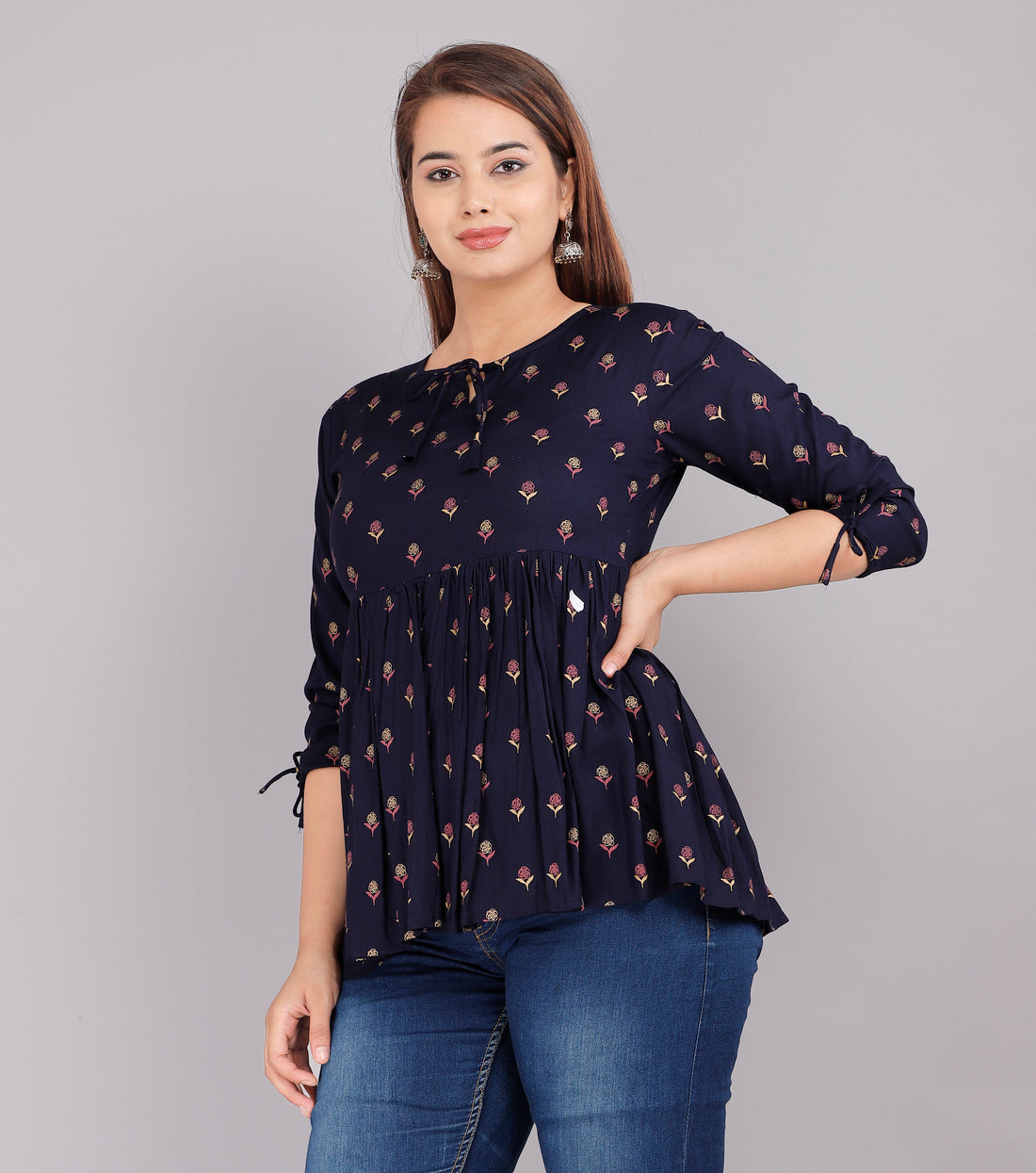 Navy Blue Floral Design Everyday Short Kurta