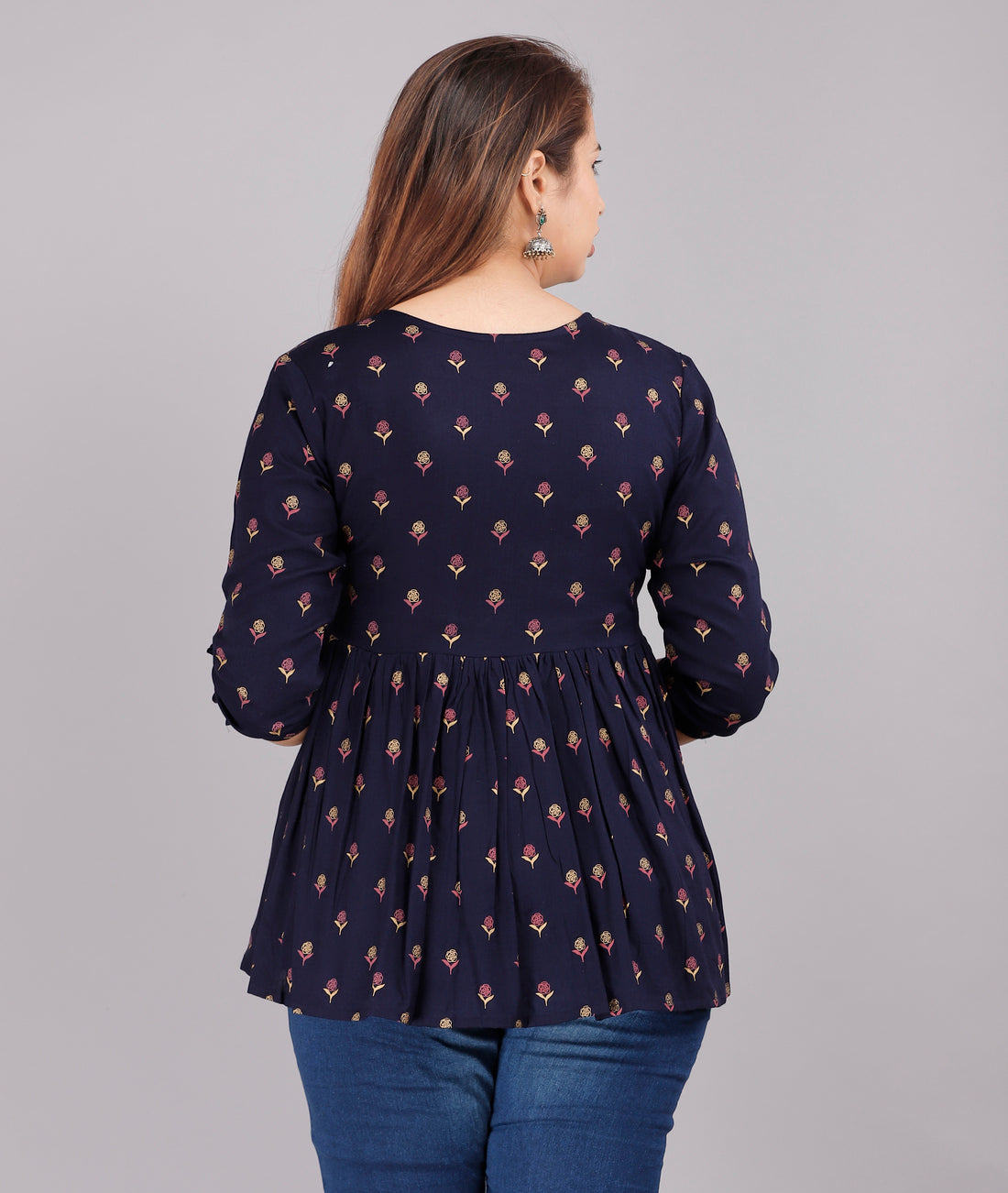 Navy Blue Floral Design Everyday Short Kurta