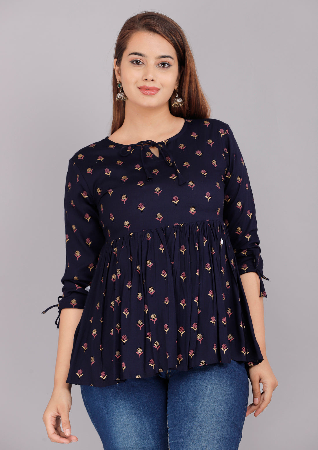 Navy Blue Floral Design Everyday Short Kurta