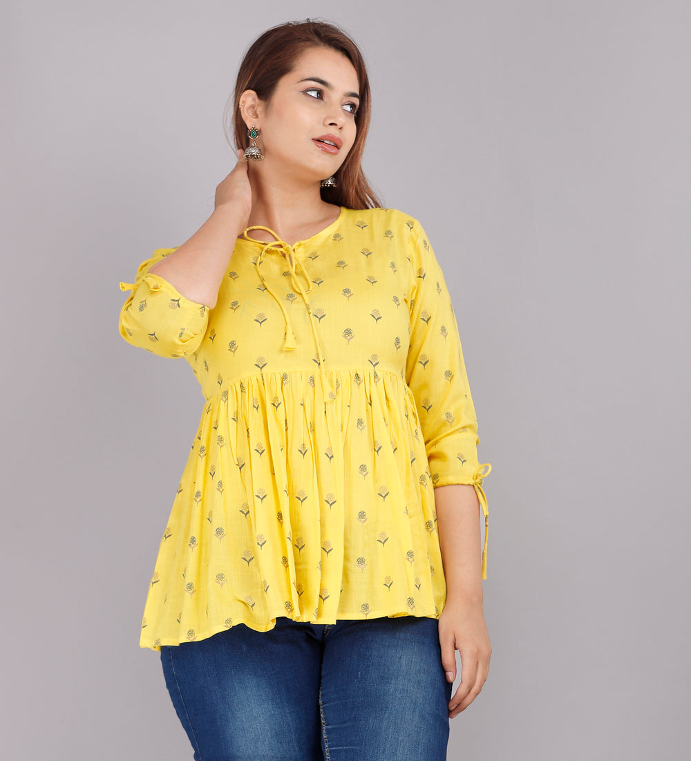 Yellow Floral Everyday Short Kurta