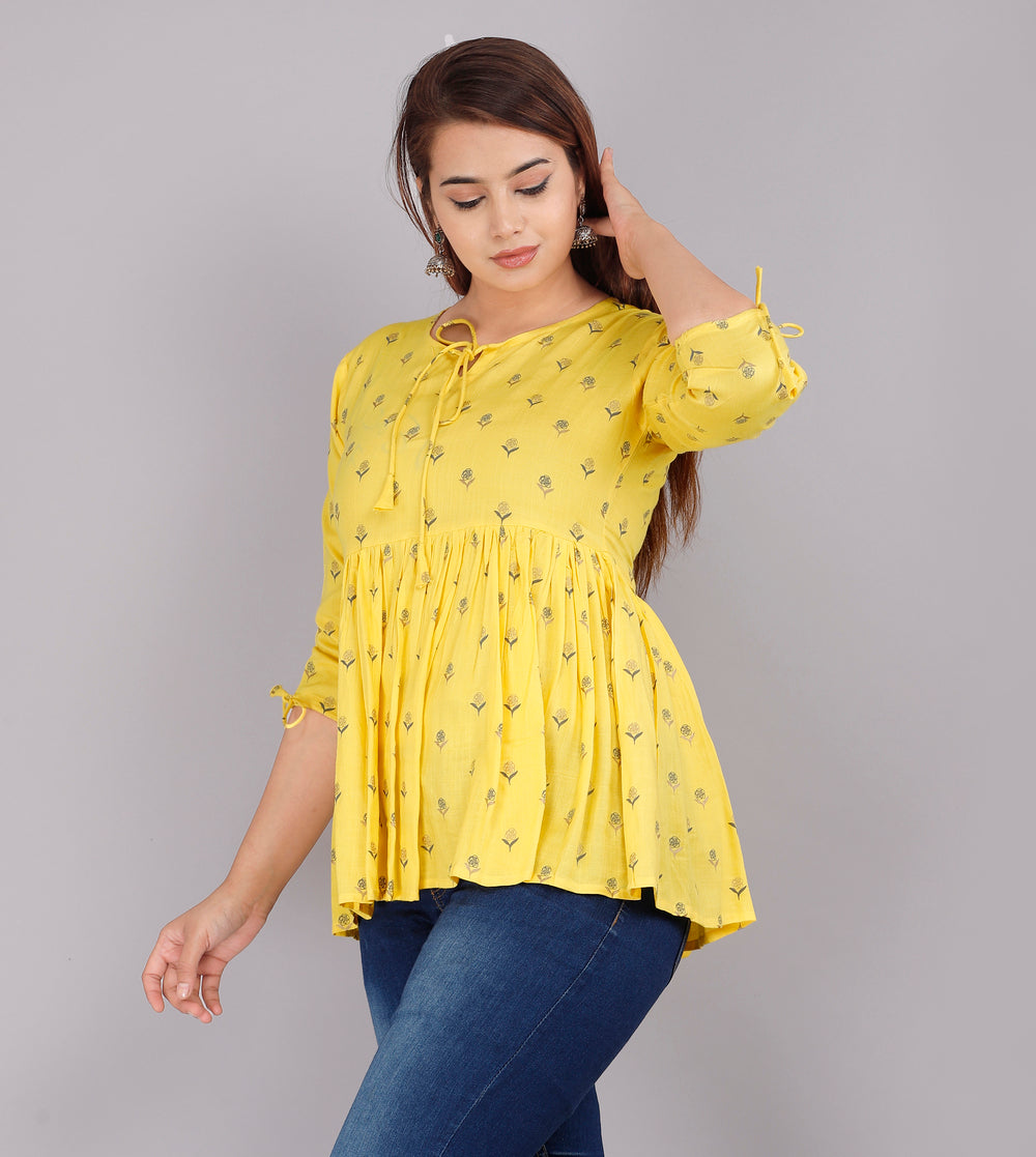 Yellow Floral Everyday Short Kurta