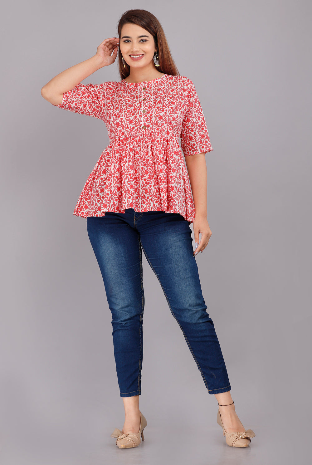 Peach Kali Print Everyday Short Kurta