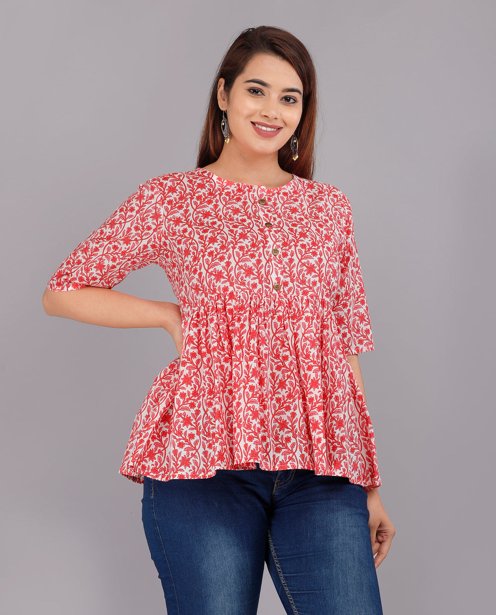 Peach Kali Print Everyday Short Kurta