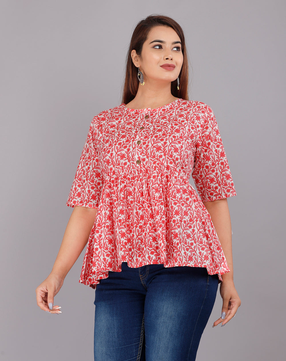 Peach Kali Print Everyday Short Kurta