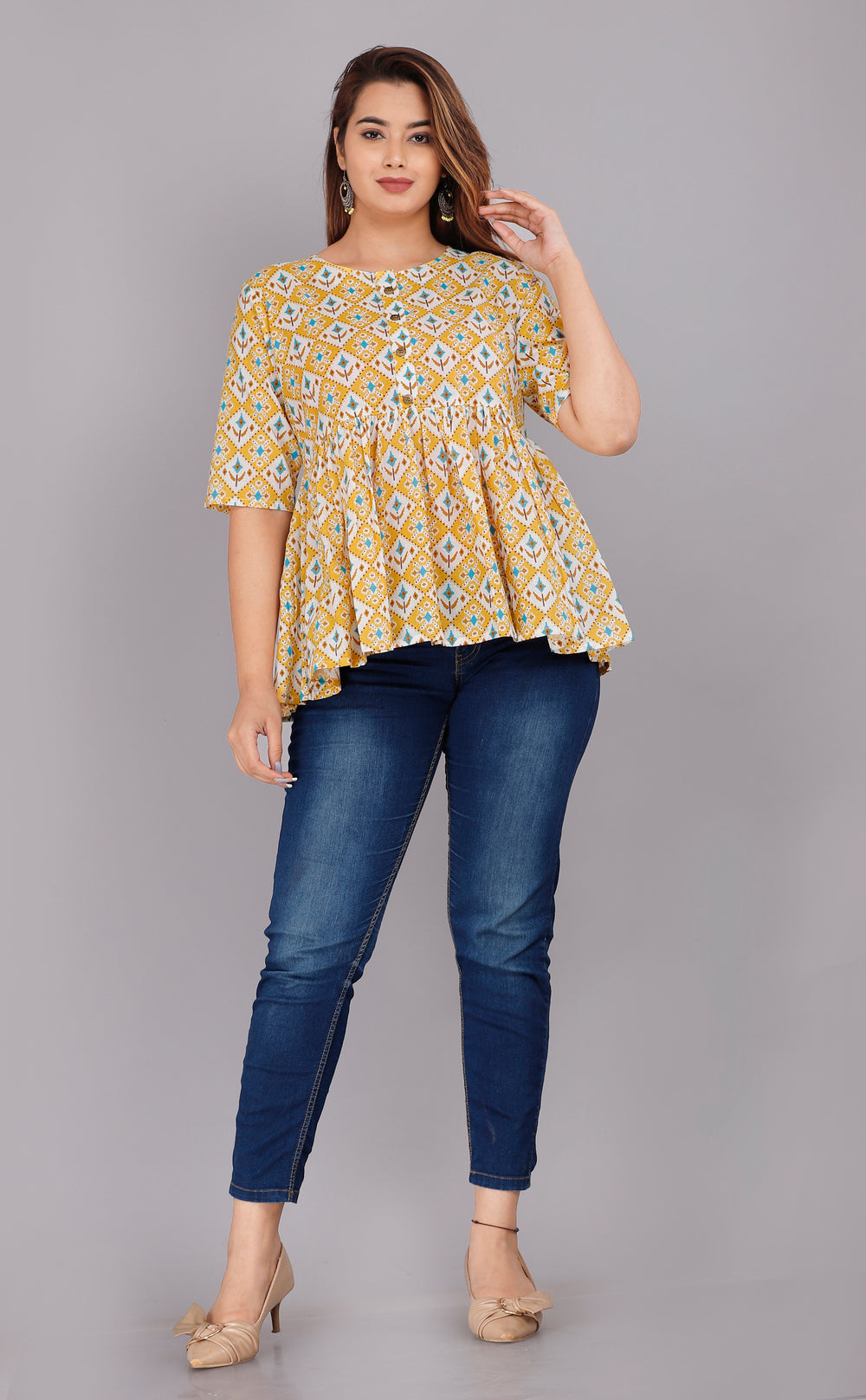 Yellow Block Design Everyday Short Kurta