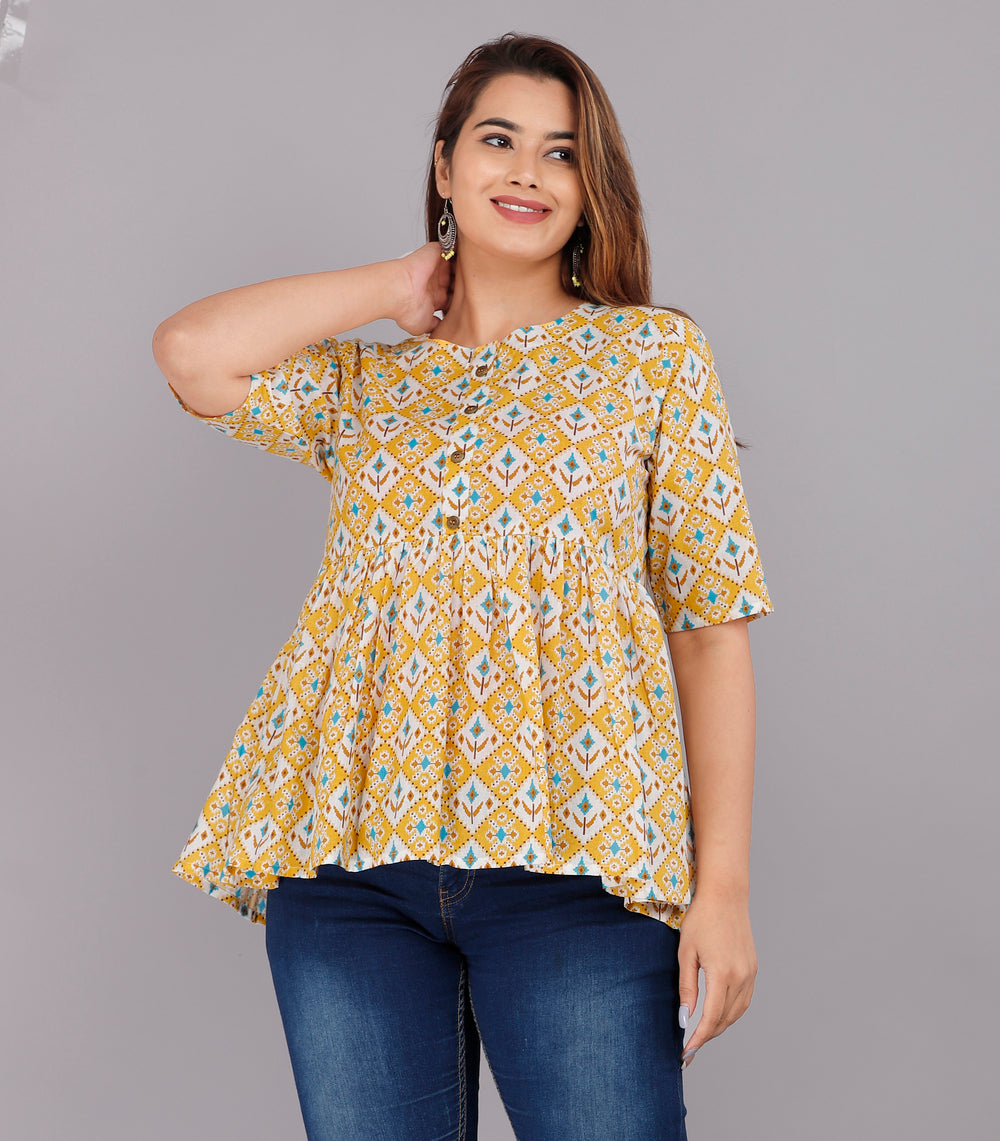 Yellow Block Design Everyday Short Kurta