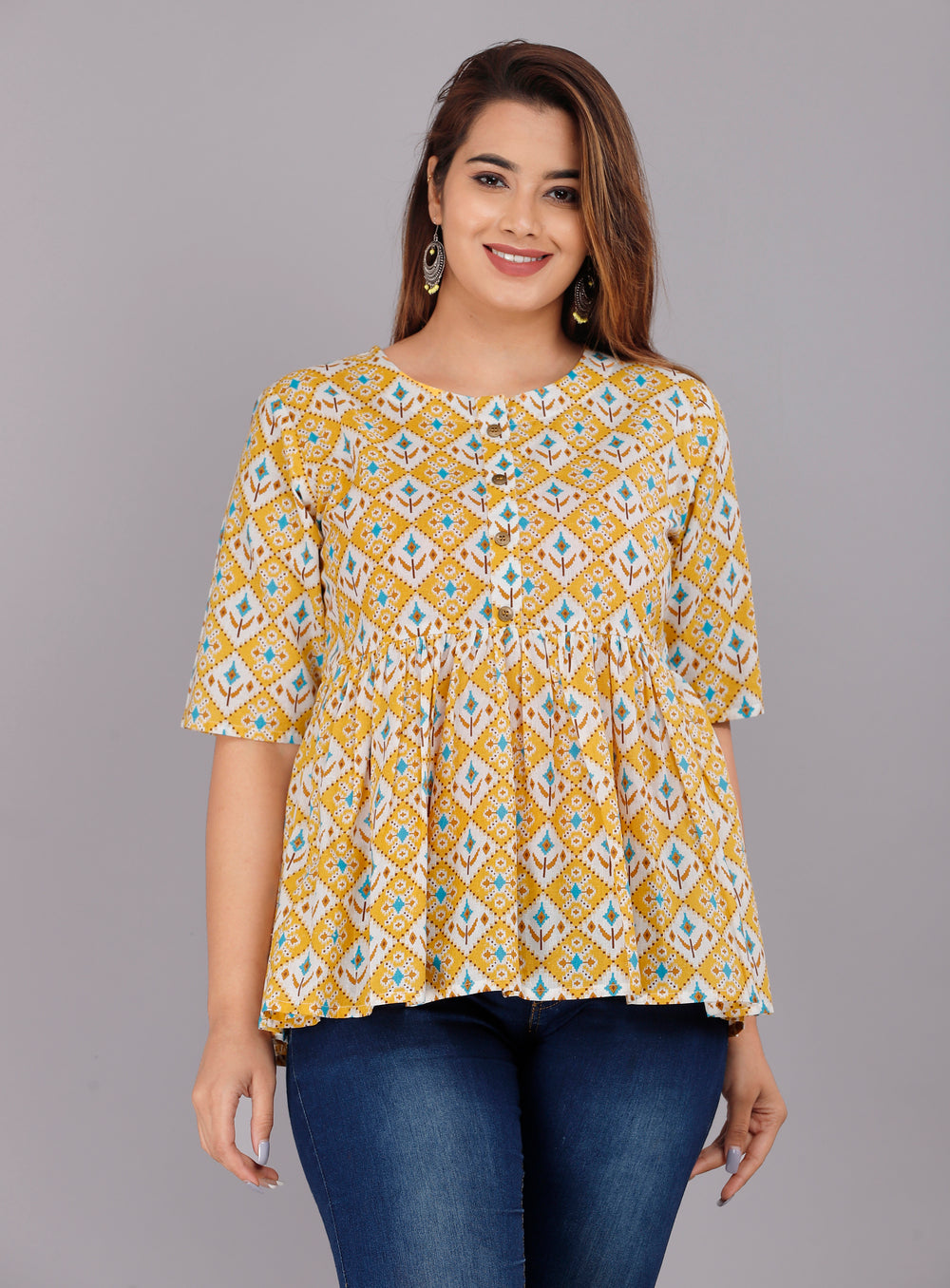 Yellow Block Design Everyday Short Kurta