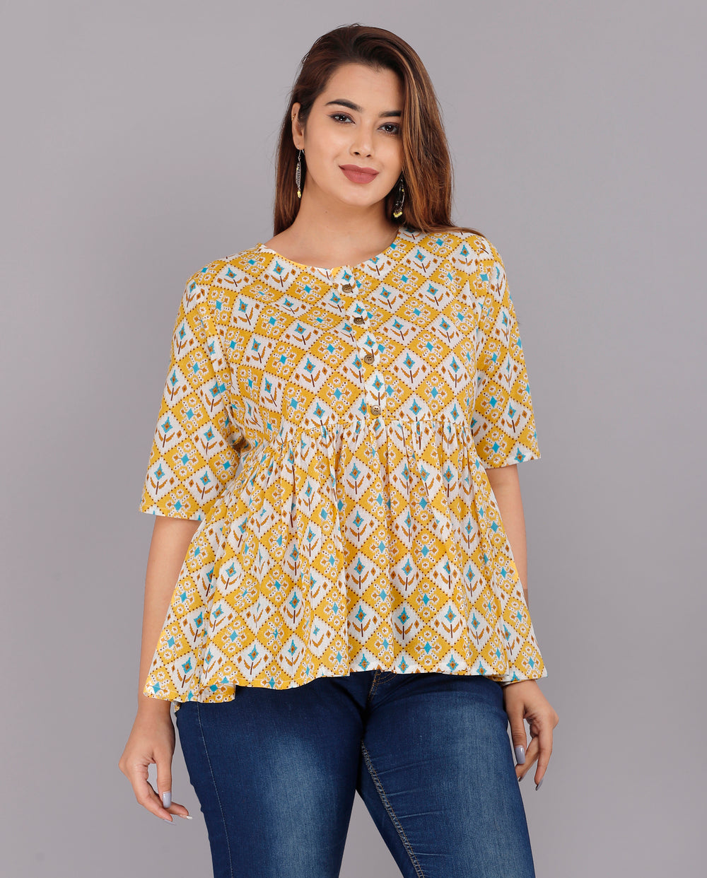 Yellow Block Design Everyday Short Kurta