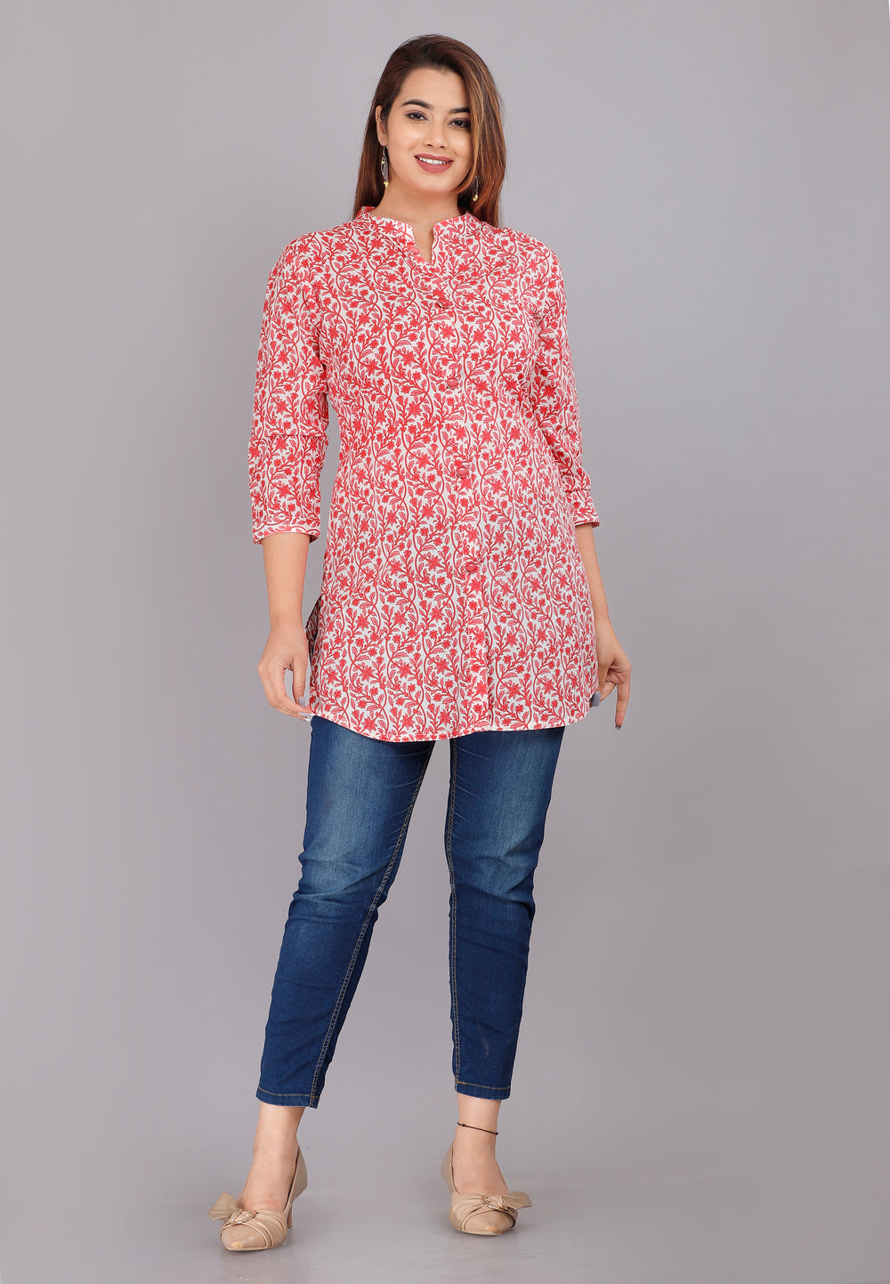 Peach Floral Everyday Mid-Length Kurta