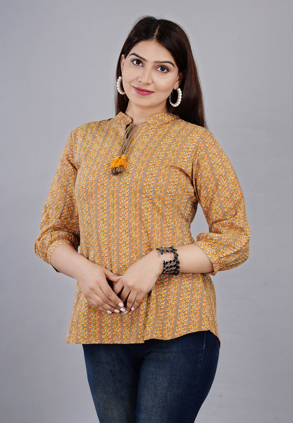 Brown Printed Everyday Short Kurta
