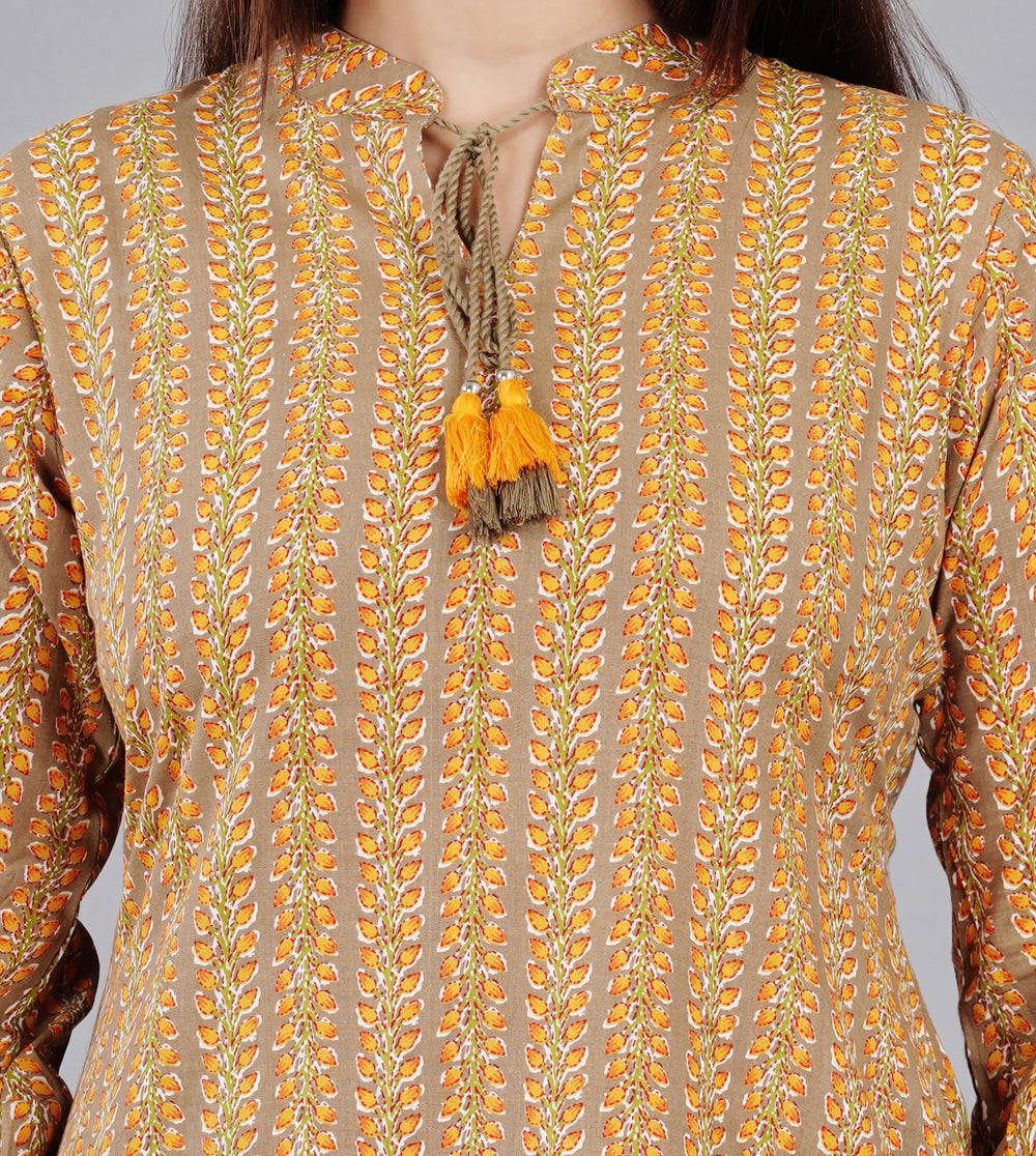 Brown Printed Everyday Short Kurta