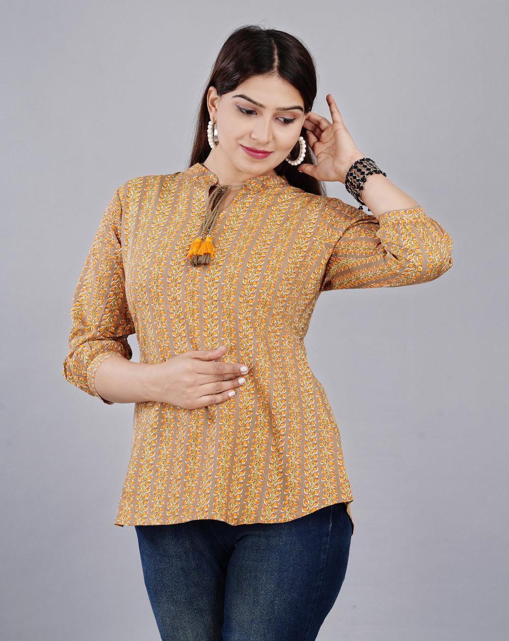 Brown Printed Everyday Short Kurta