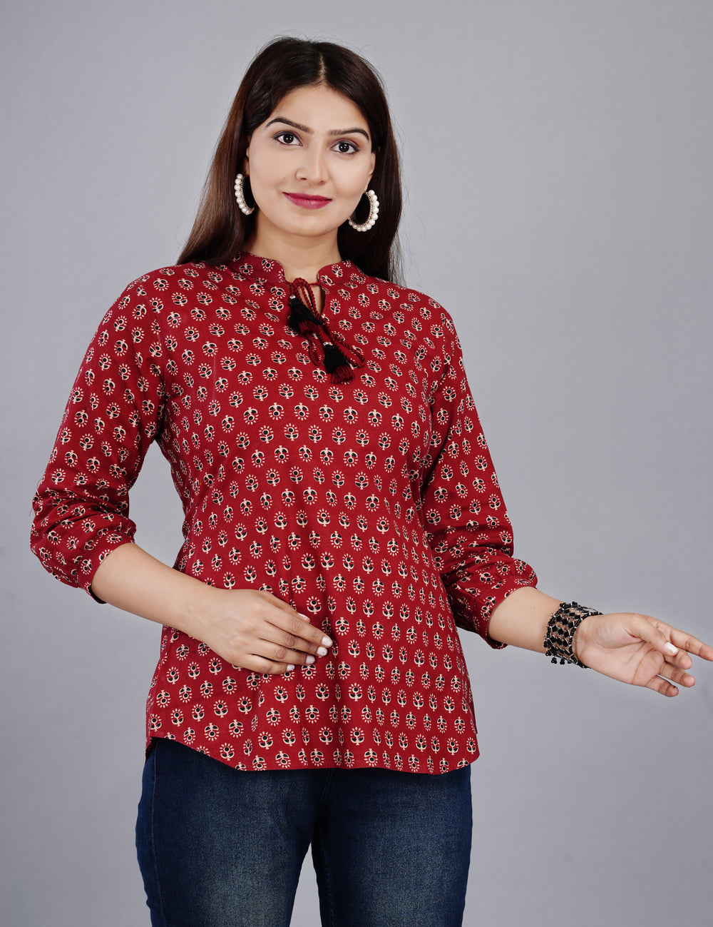 Maroon Printed Everyday Short Kurta