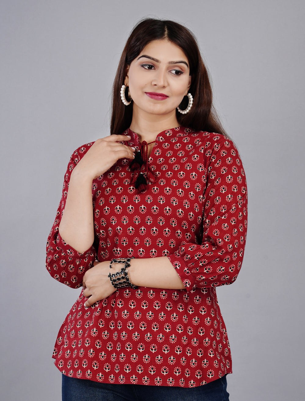 Maroon Printed Everyday Short Kurta