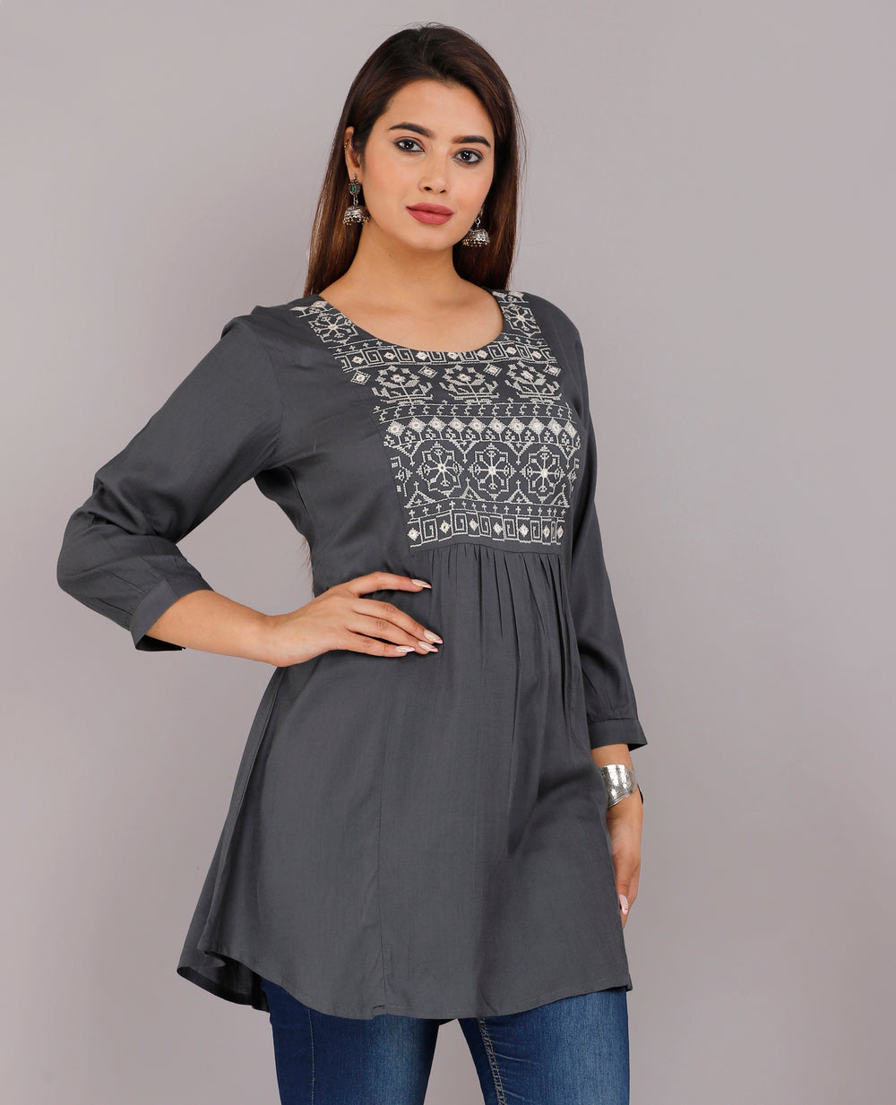 Grey embroidery Everyday Short Kurta