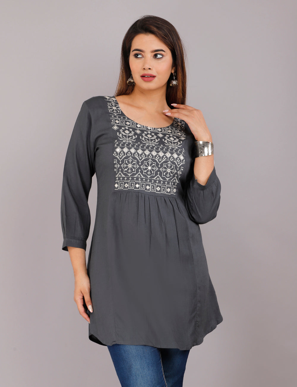 Grey embroidery Everyday Short Kurta