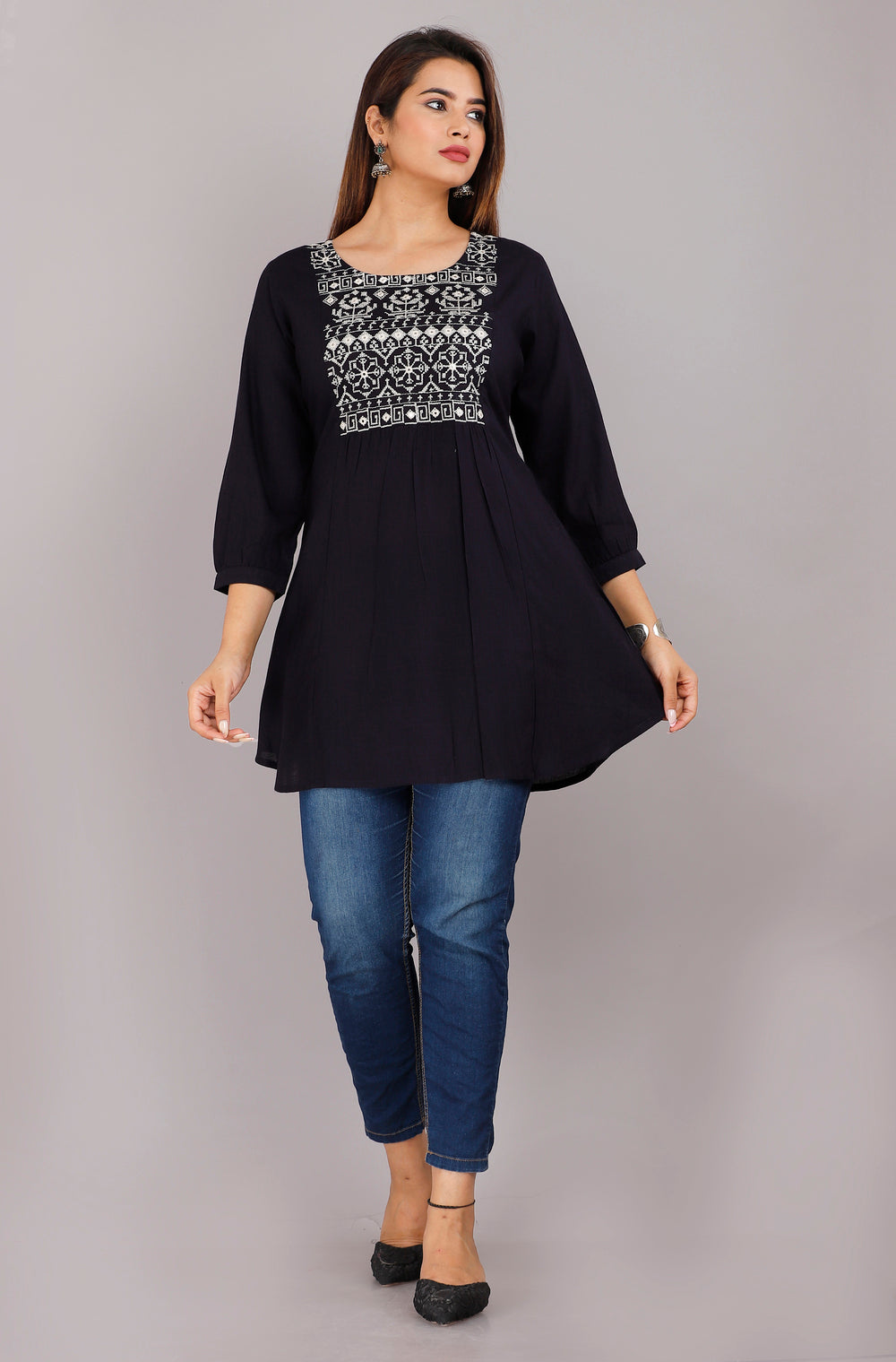 Navy Blue Embroidery Everyday Short Kurta