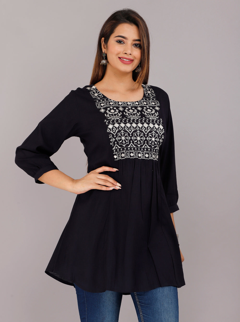 Navy Blue Embroidery Everyday Short Kurta