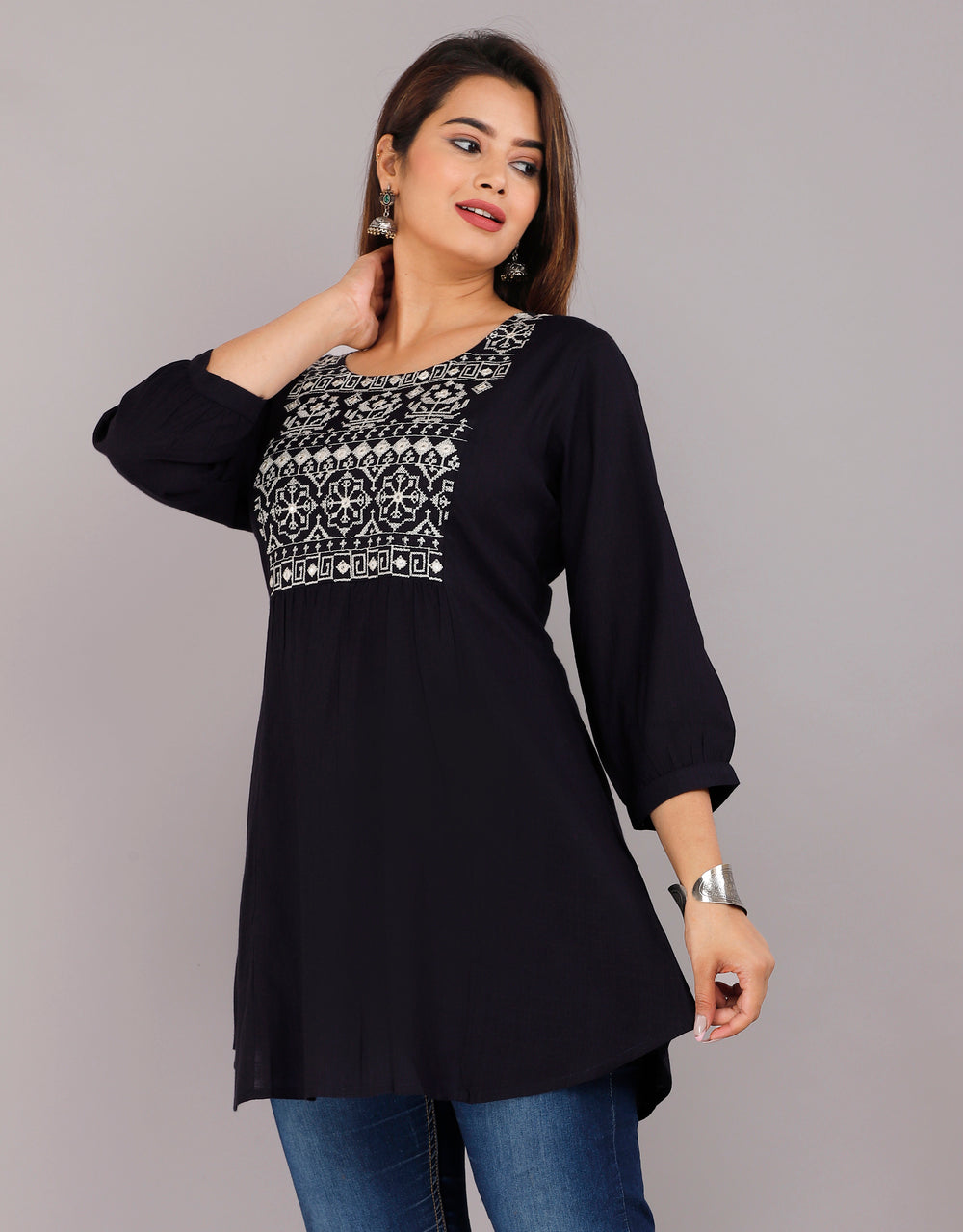 Navy Blue Embroidery Everyday Short Kurta