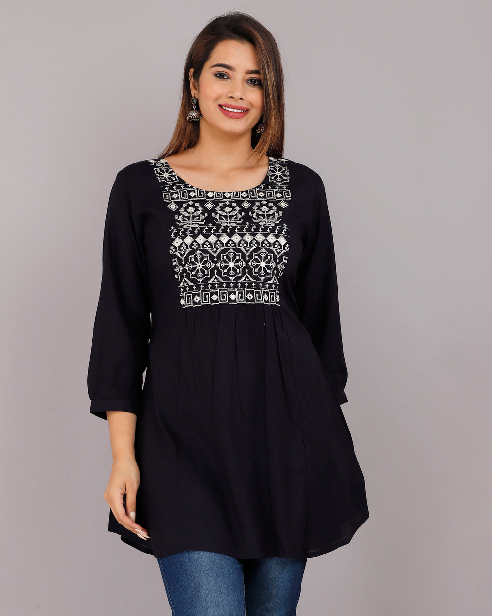 Navy Blue Embroidery Everyday Short Kurta
