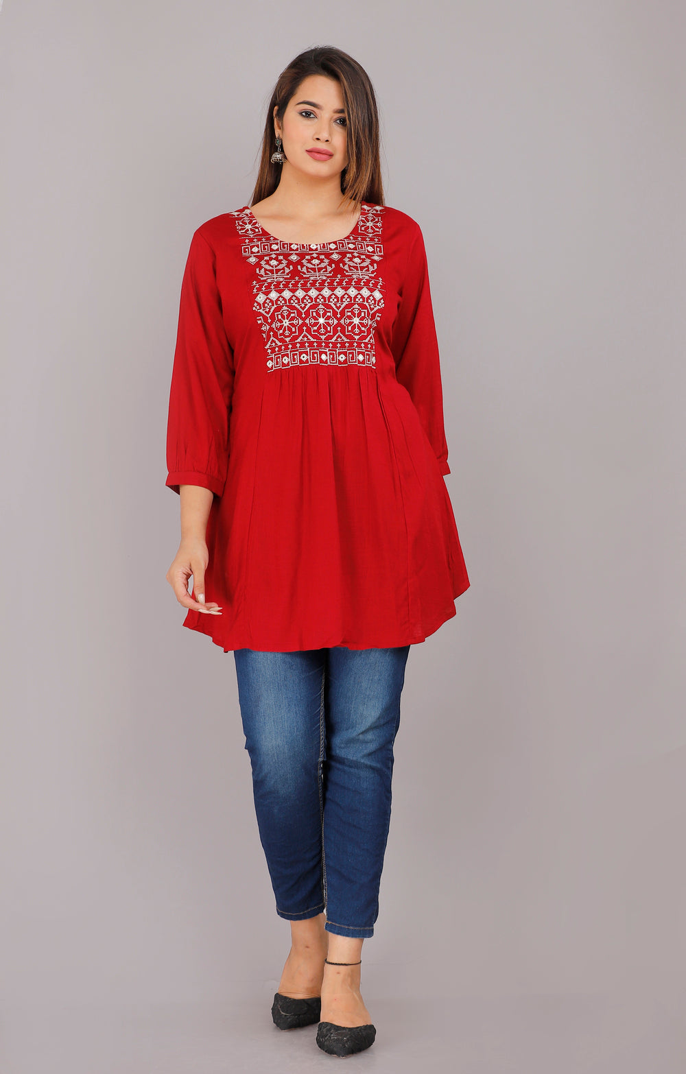 Red Embroidery Everyday Short Kurta