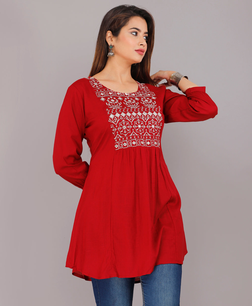 Red Embroidery Everyday Short Kurta