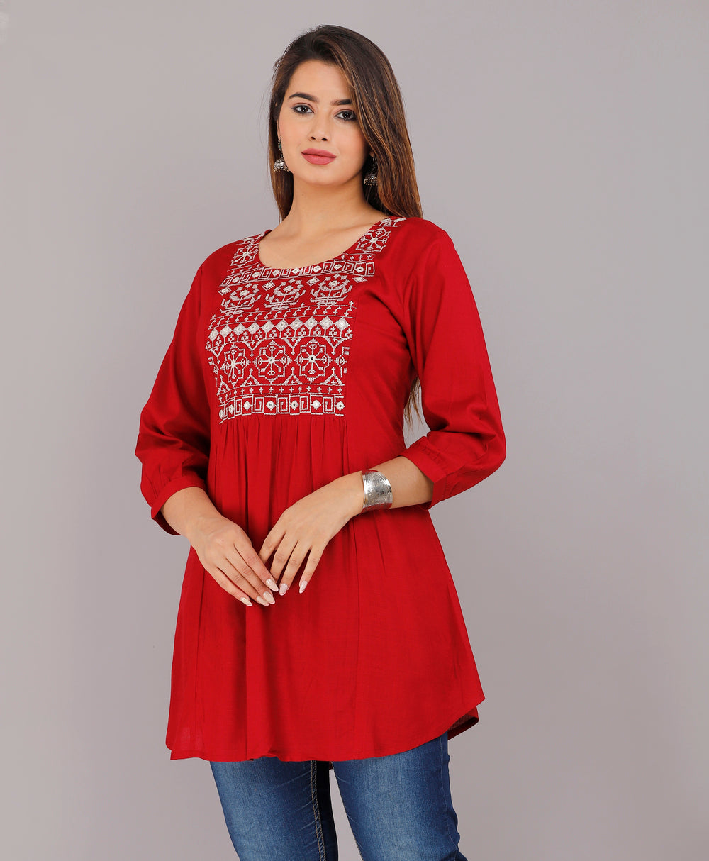 Red Embroidery Everyday Short Kurta