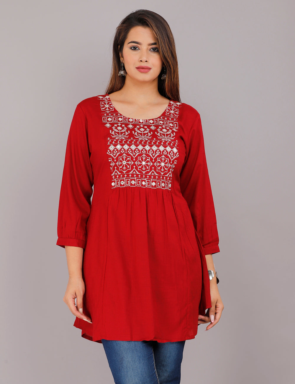 Red Embroidery Everyday Short Kurta