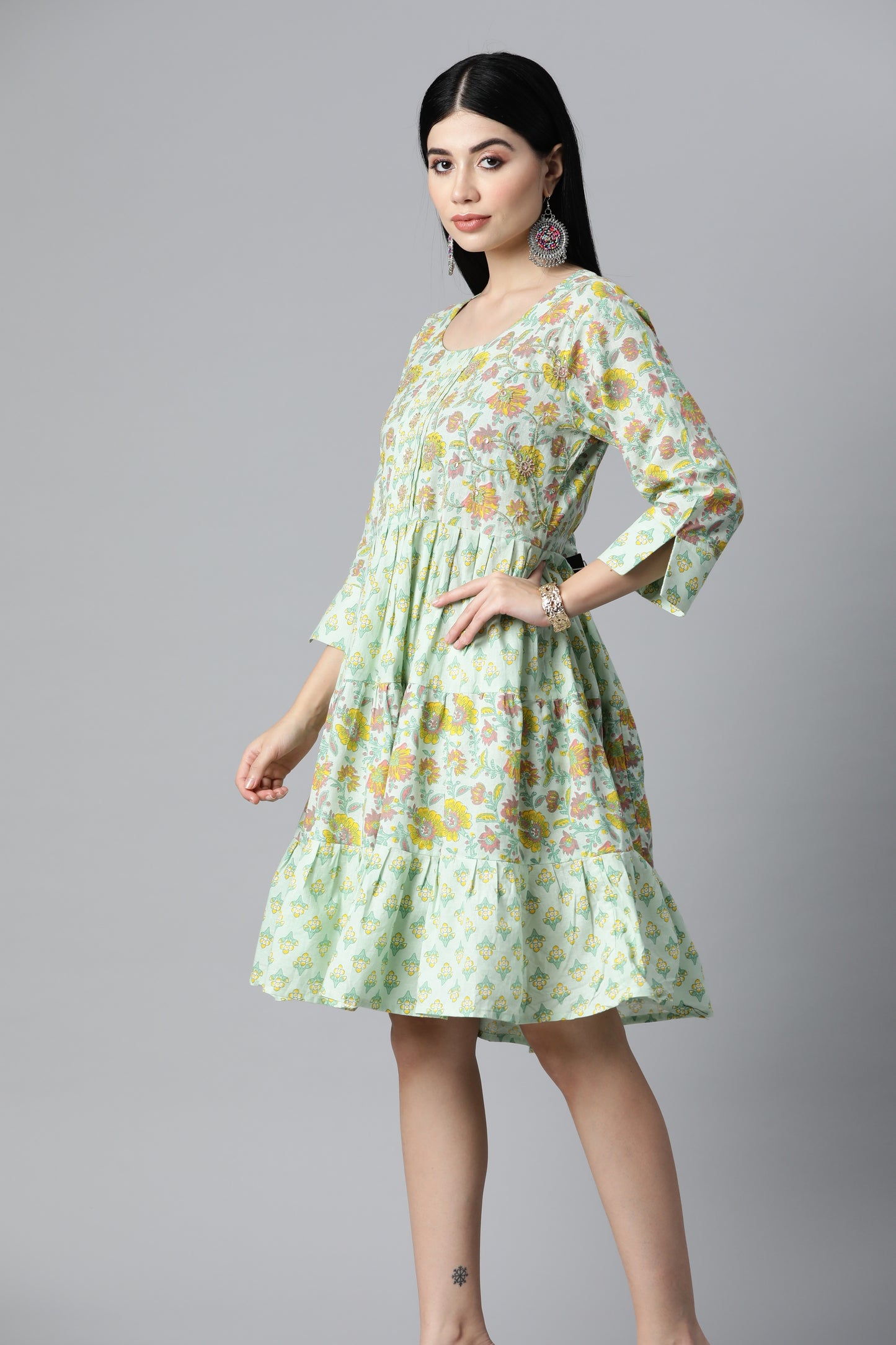 Light Green Floral Printed Flare Dress
