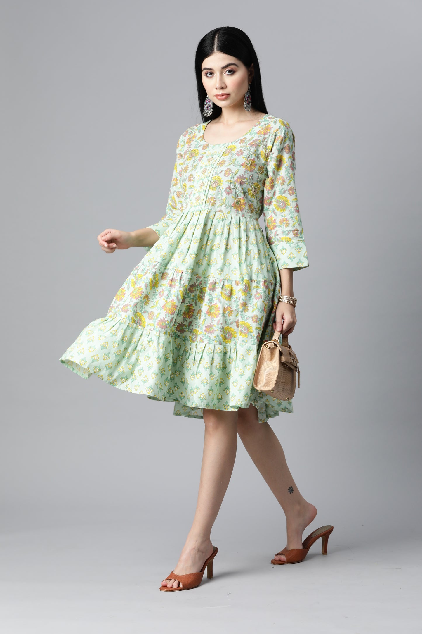 Light Green Floral Printed Flare Dress