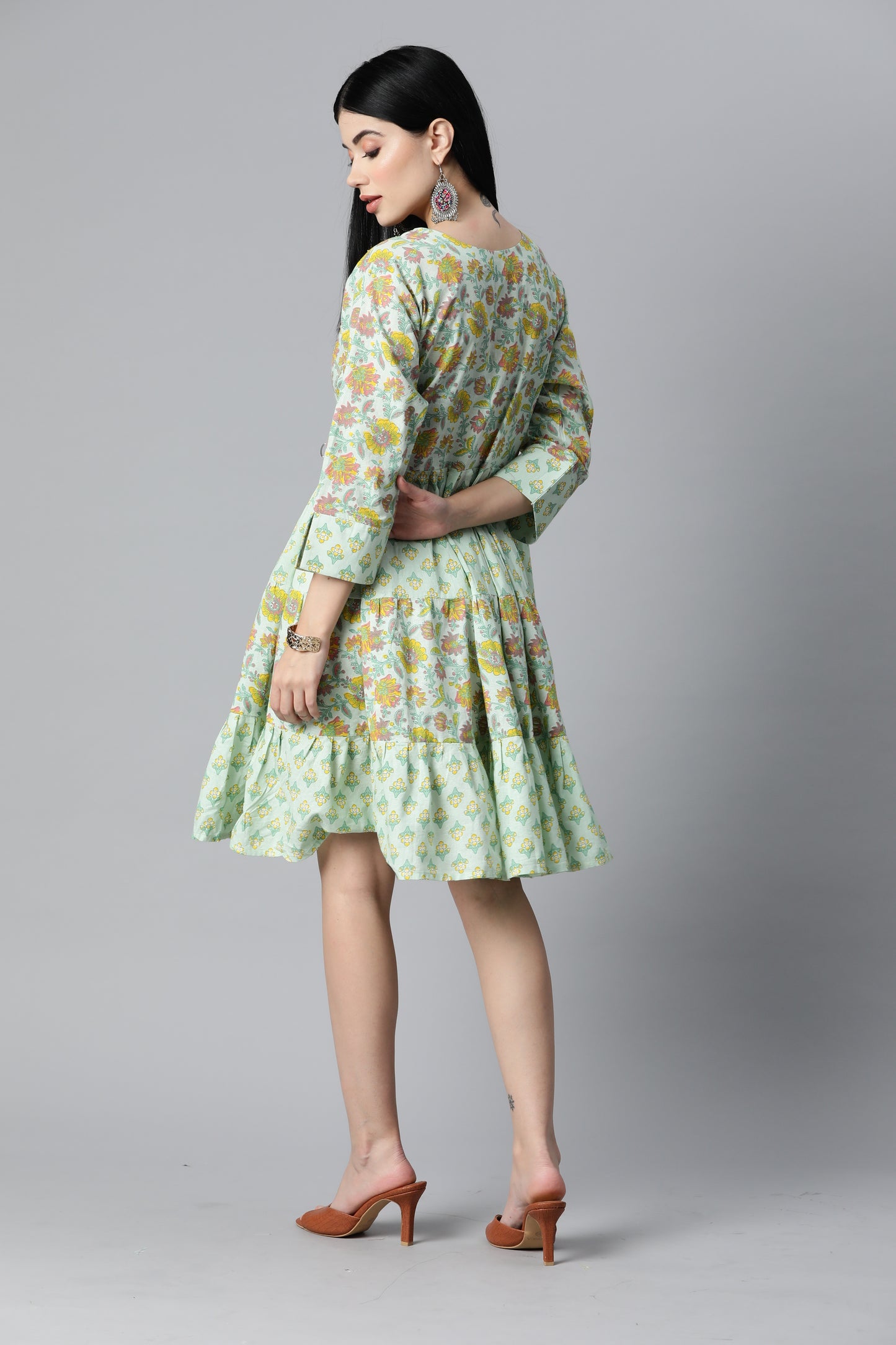 Light Green Floral Printed Flare Dress