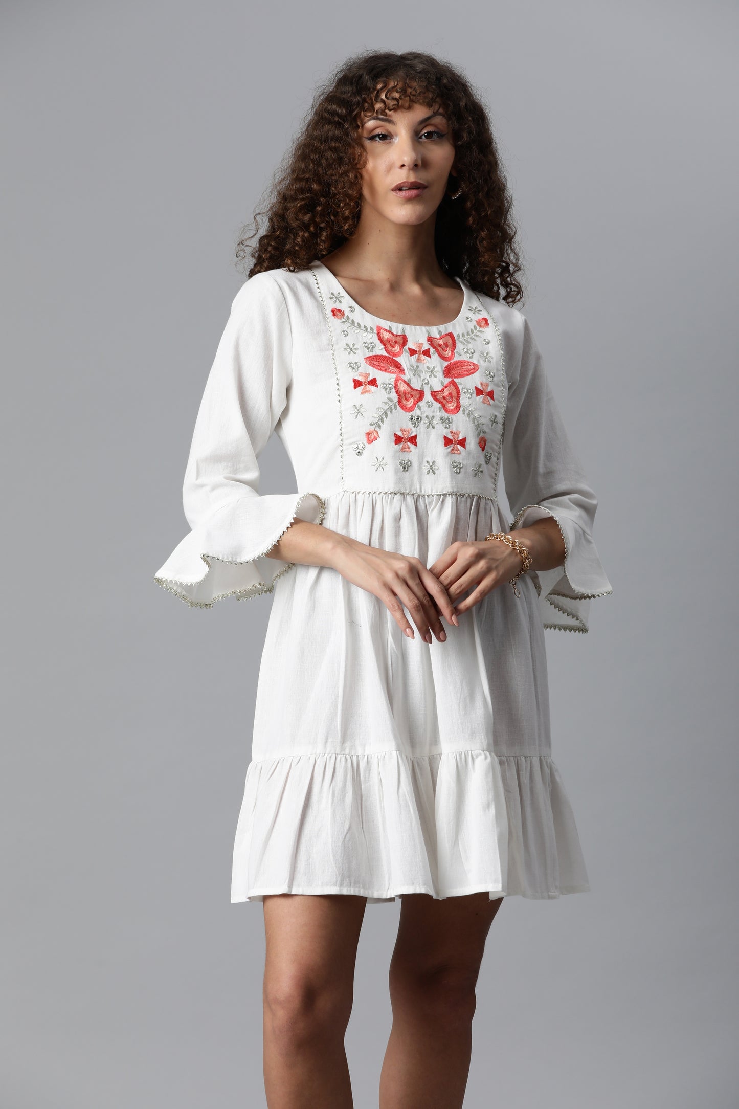 White Flare Dress With Neck Work