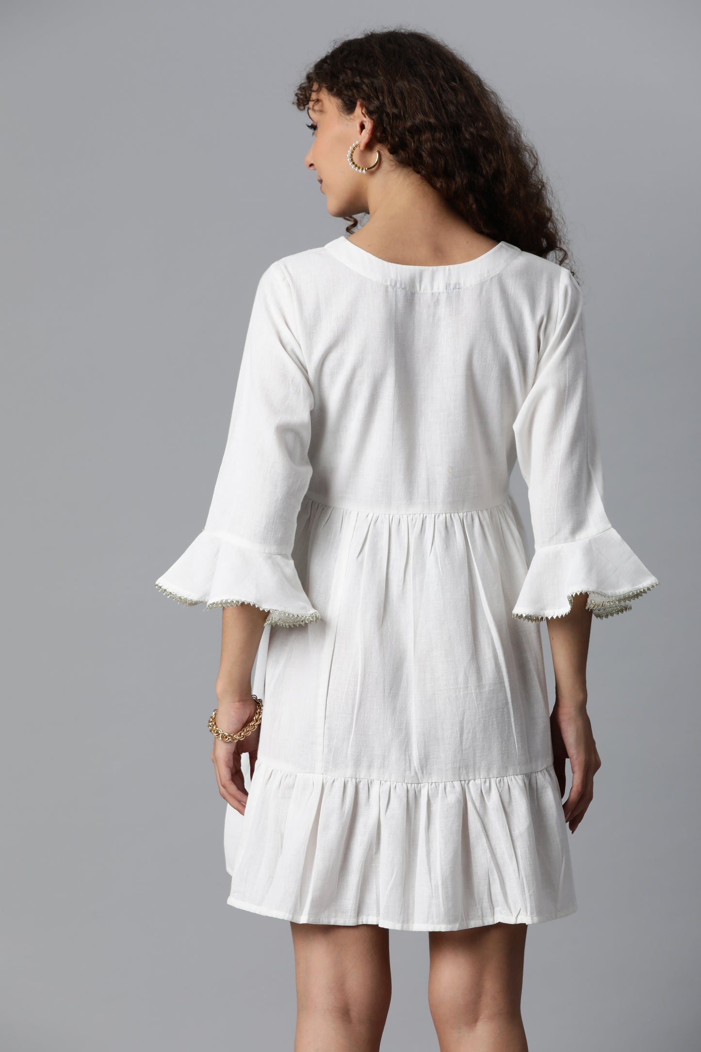 White Flare Dress With Neck Work