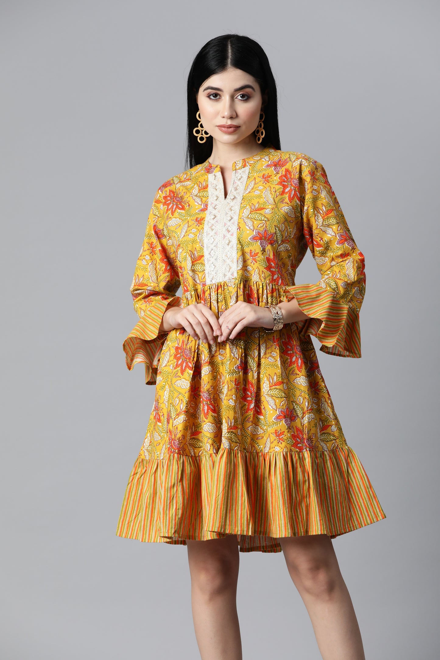 Mustard Printed Flare Dress