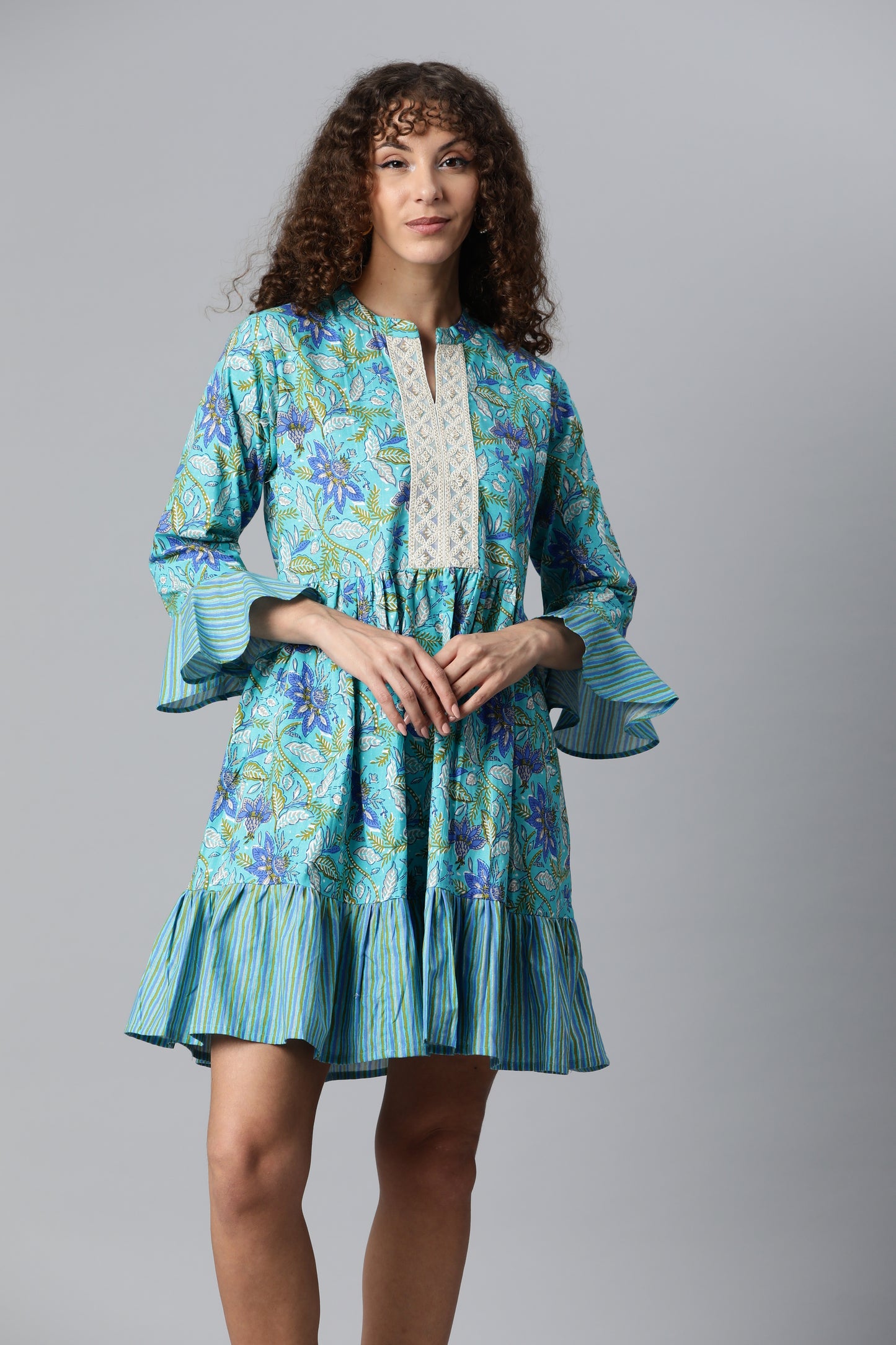 Sky Blue Printed Flare Dress