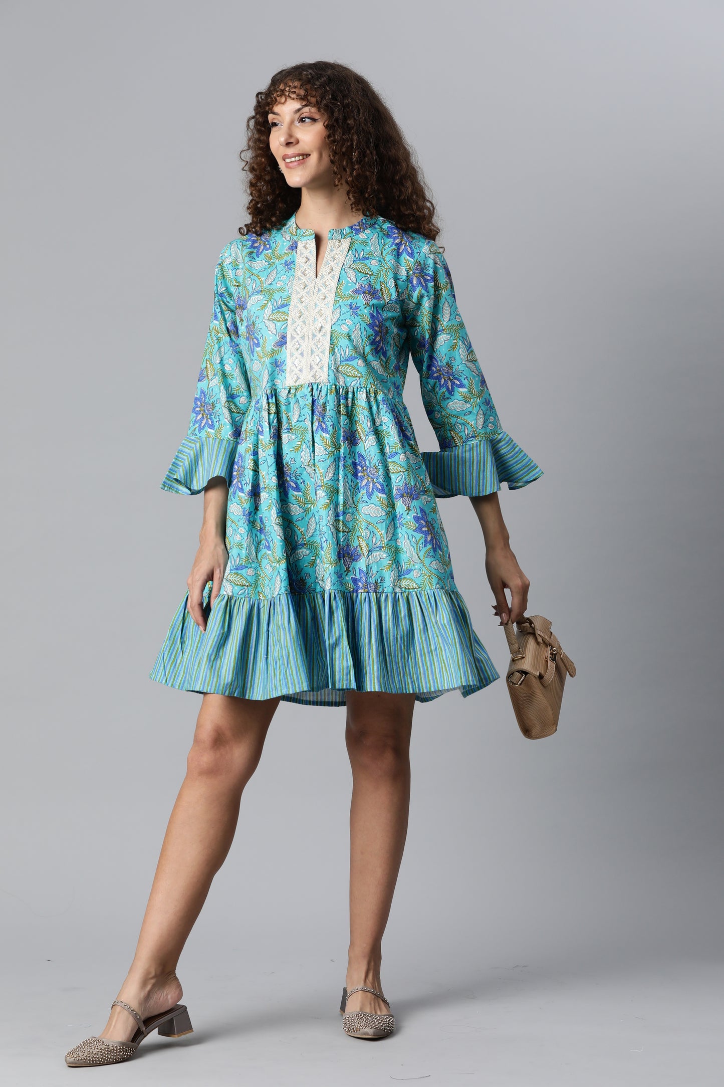 Sky Blue Printed Flare Dress