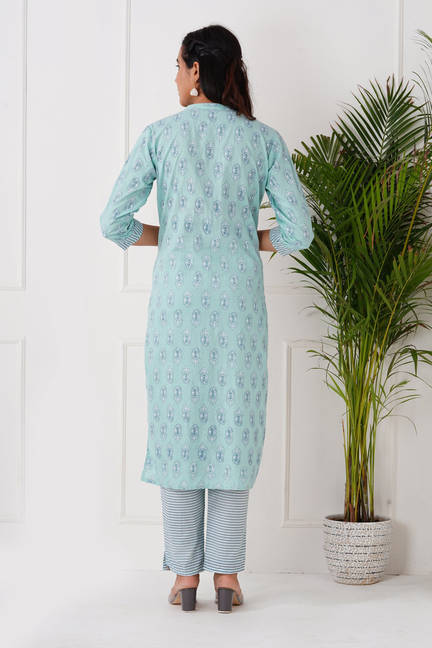 Sky Blue Handblock Suit set with Dupatta