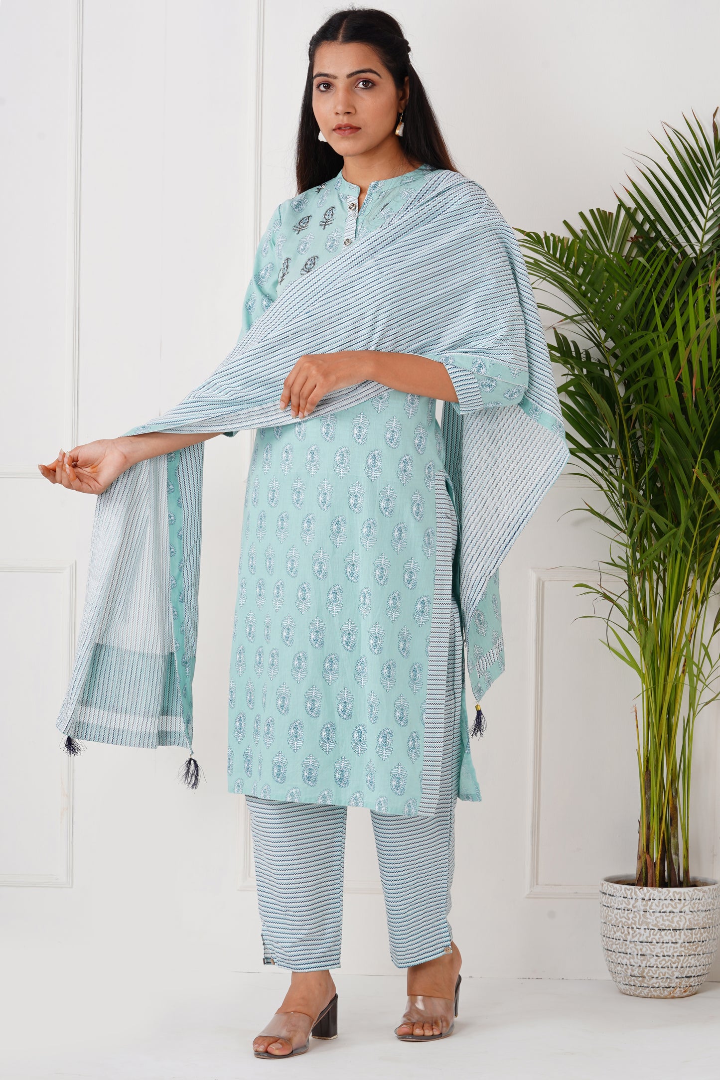 Sky Blue Handblock Suit set with Dupatta